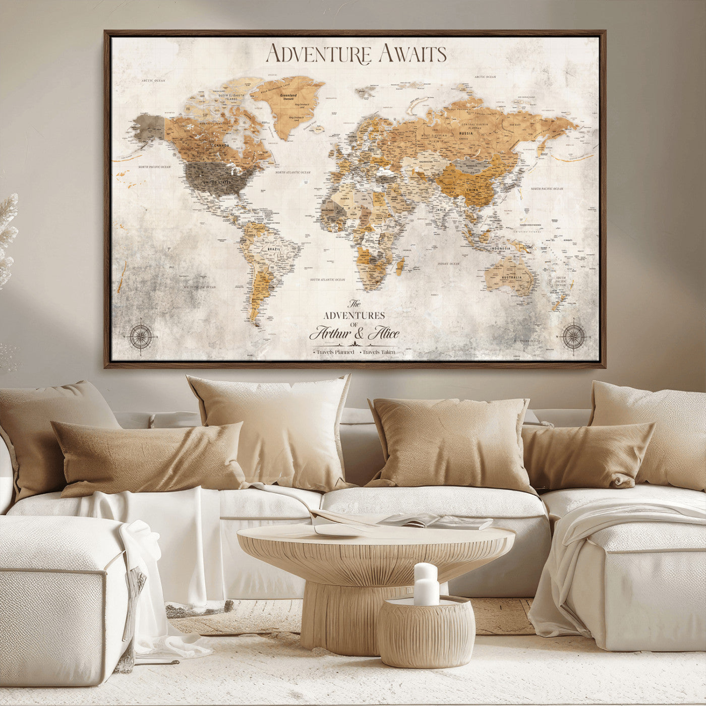 Rehber01-MGV-CV-36X24-Personalized World Map Canvas Print – Custom Push Pin Travel Map Vintage Neutral Style Gift for Couples Travelers for Home Office