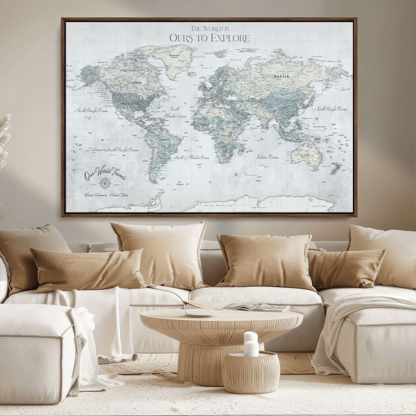 Rehber01-MGV-CV-36X24-Personalized Push Pin World Map Canvas Print – Custom Framed Travel Tracker Wall Art Large Map Artwork for Home, Office
