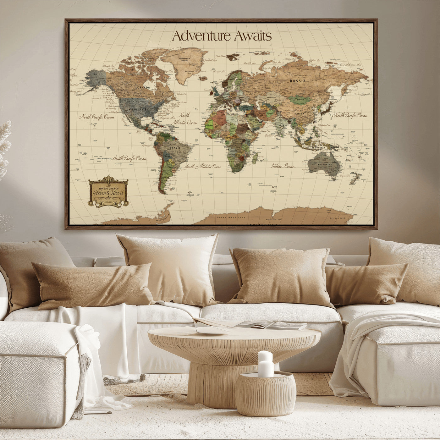 Rehber01-MGV-CV-36X24-Custom Push Pin World Map Wall Art Canvas Print – Personalized Travel Tracker Adventure Destination Gift for Home Office