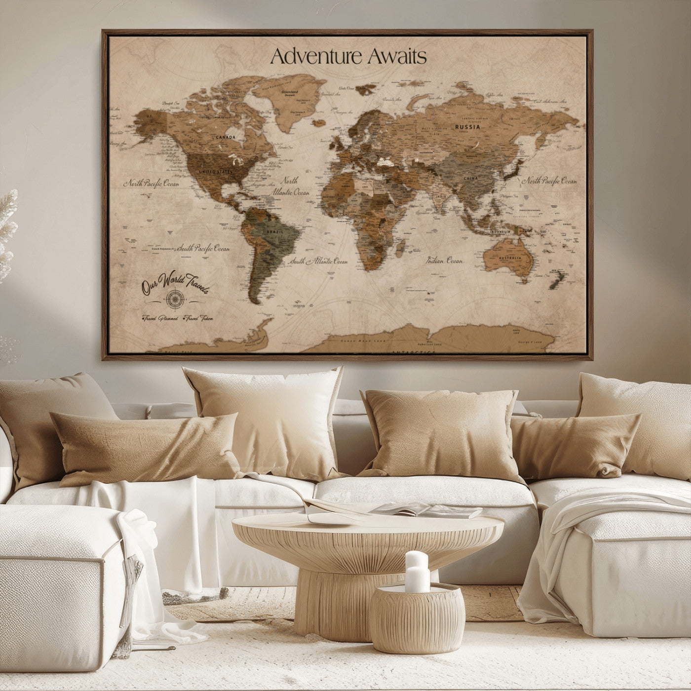 Rehber01-MGV-CV-36X24-Personalized Framed World Map Wall Art Canvas – Custom Push Pin Travel Map with 100 Pins Foam Backing for Home Office