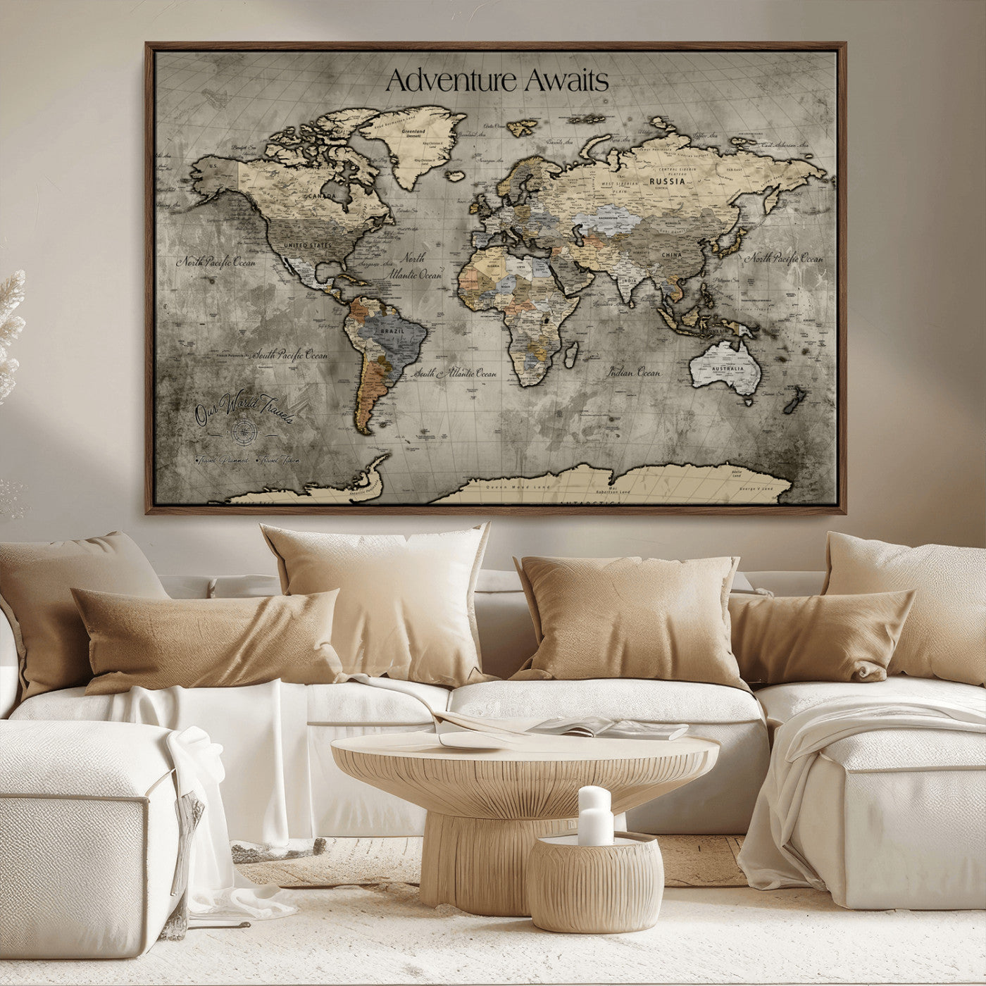 -Tree Rings Wall Art Canvas Print, Framed Wood Texture Art Picture Print, Blue Grain Perfect Rustic