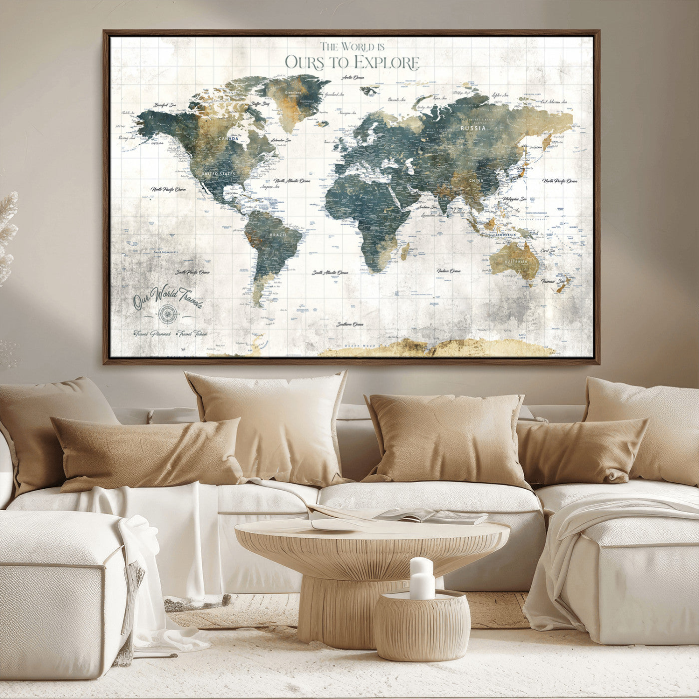 -Custom Push Pin World Map Wall Art Canvas Print – Adventure Travel Tracker Map with Pins Artwork for Home Office