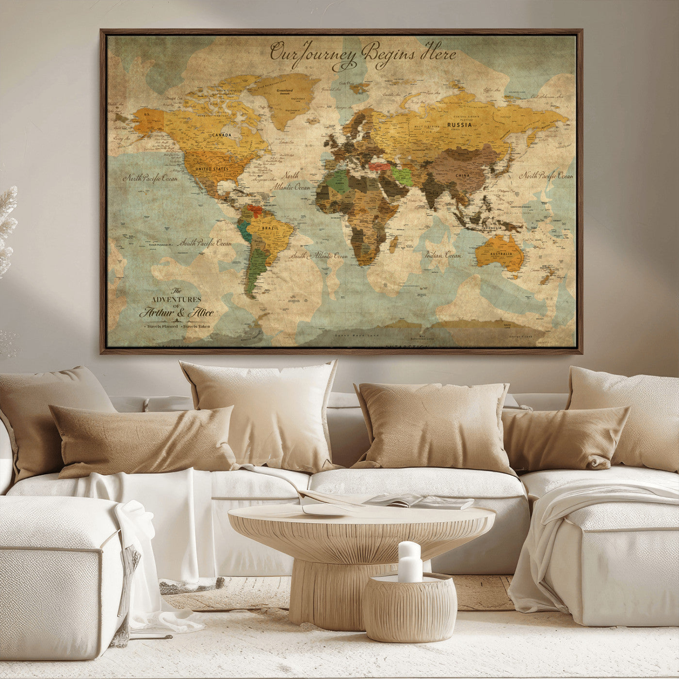 40572820-MGV-CV-36X24-Personalized World Map Canvas – Custom Framed Push Pin Travel Map Wall Art, Vintage Style Gift for Couples