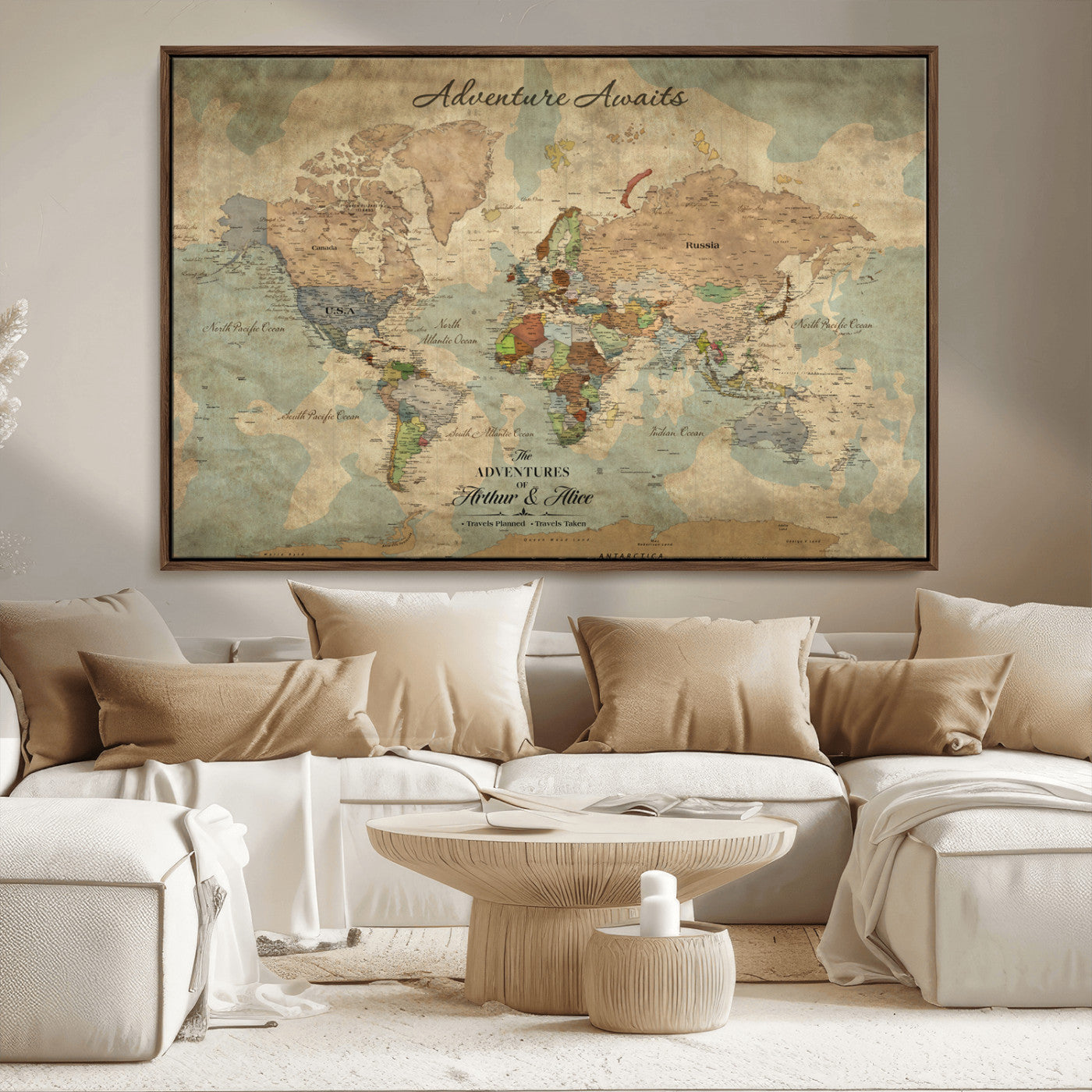 Rehber01-MGV-CV-36X24-Personalized Vintage World Map Canvas Print – Custom Push Pin Travel Map Antique Style Gift for Couples Travelers for Home Office