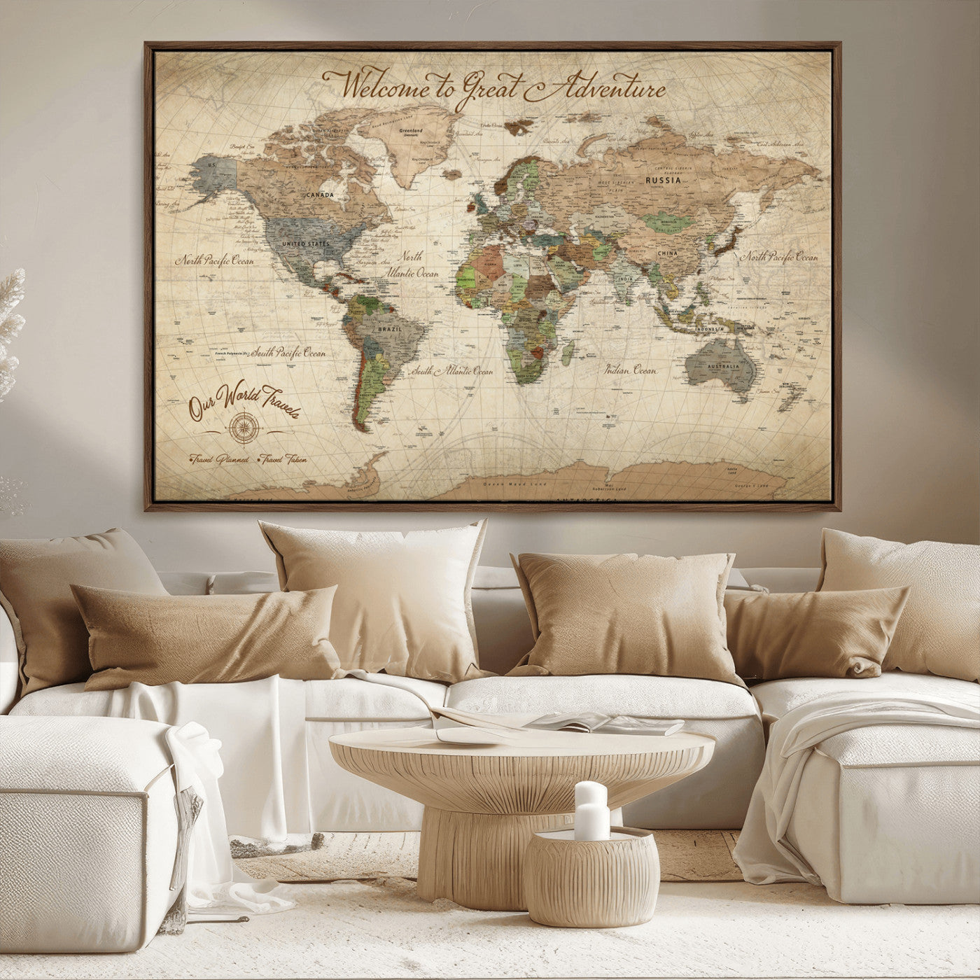 -Personalized Antique World Map Canvas Print – Custom Push Pin Travel Tracker Vintage Adventure Gift for Couples for Home, Office