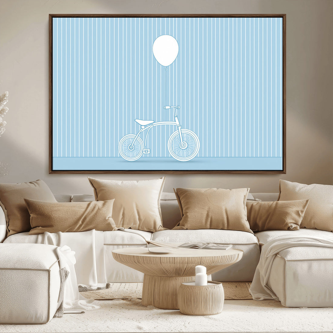 Minimalist Bicycle Balloon Canvas Wall Art, Playful Blue Modern Line Art Print