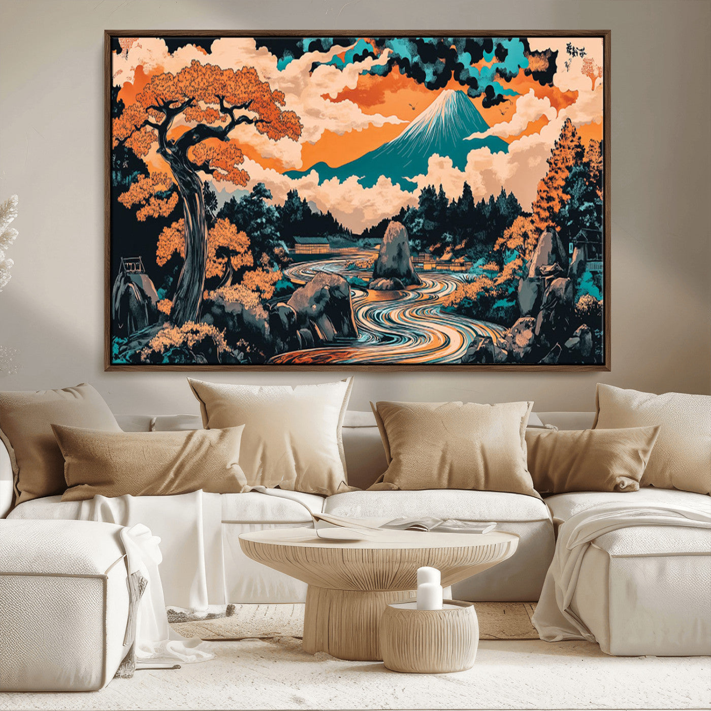 A vibrant Japanese-inspired landscape featuring Mount Fuji, a winding river, and autumn-colored trees under a dramatic sky, in bold and vivid hues.