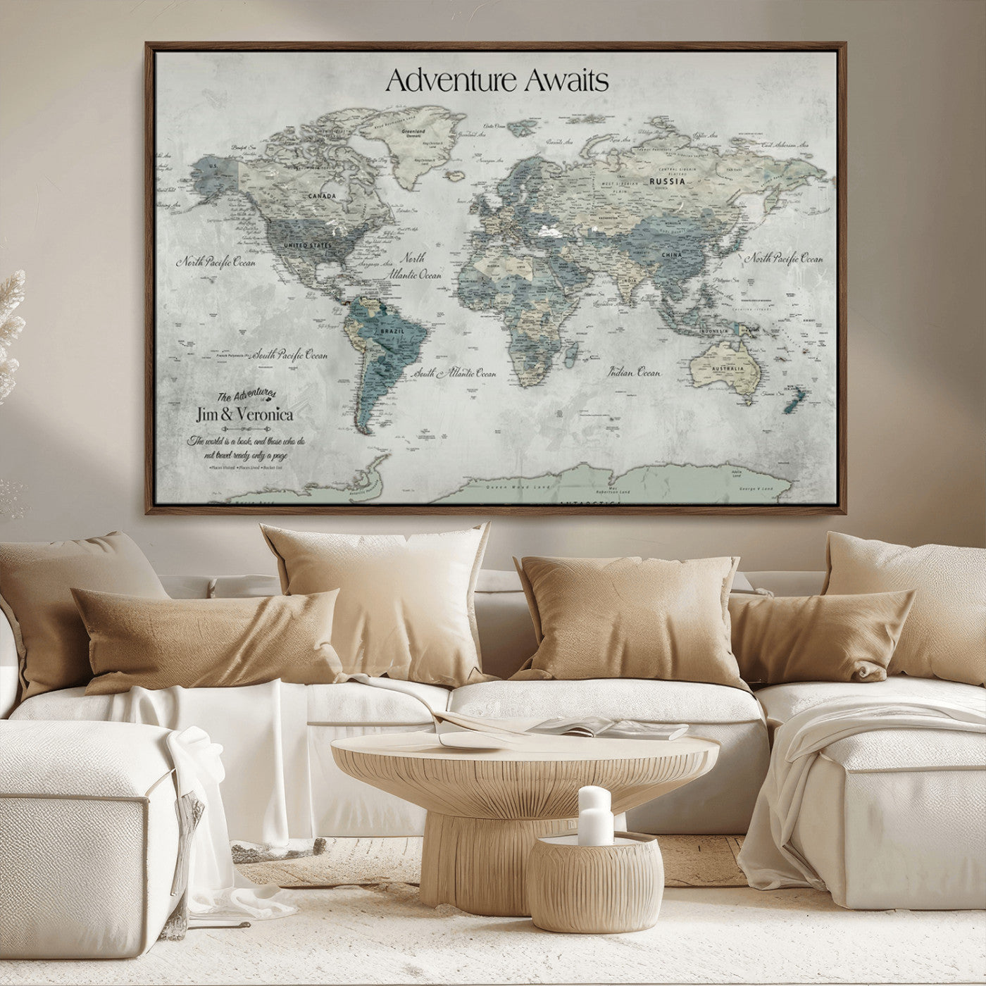 -Personalized Push Pin World Map Canvas Print – Custom Adventure Travel Map Framed Wall Art Gift for home, office