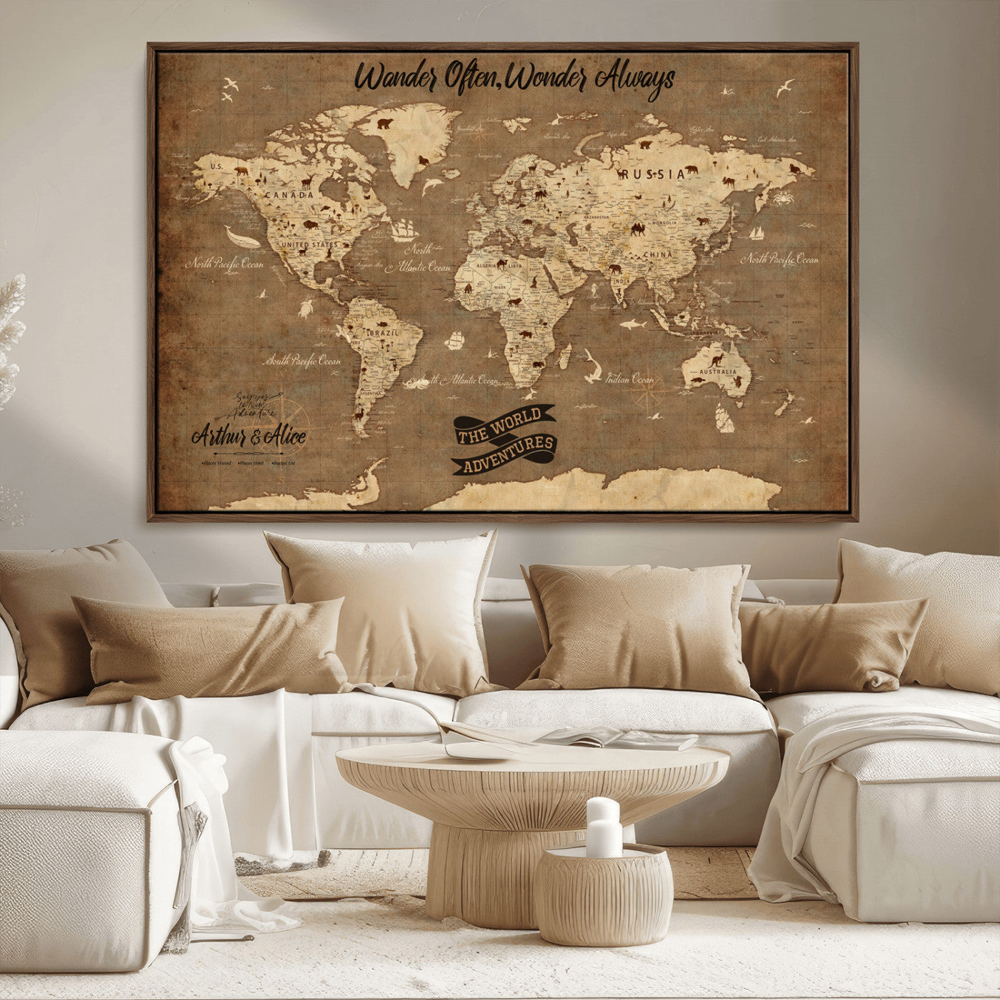 Rehber01-MGV-CV-36X24-Customize Push Pin World Map Wall Art Canvas Print – Personalized Kids Room Framed Map Adventure Travel for home, office