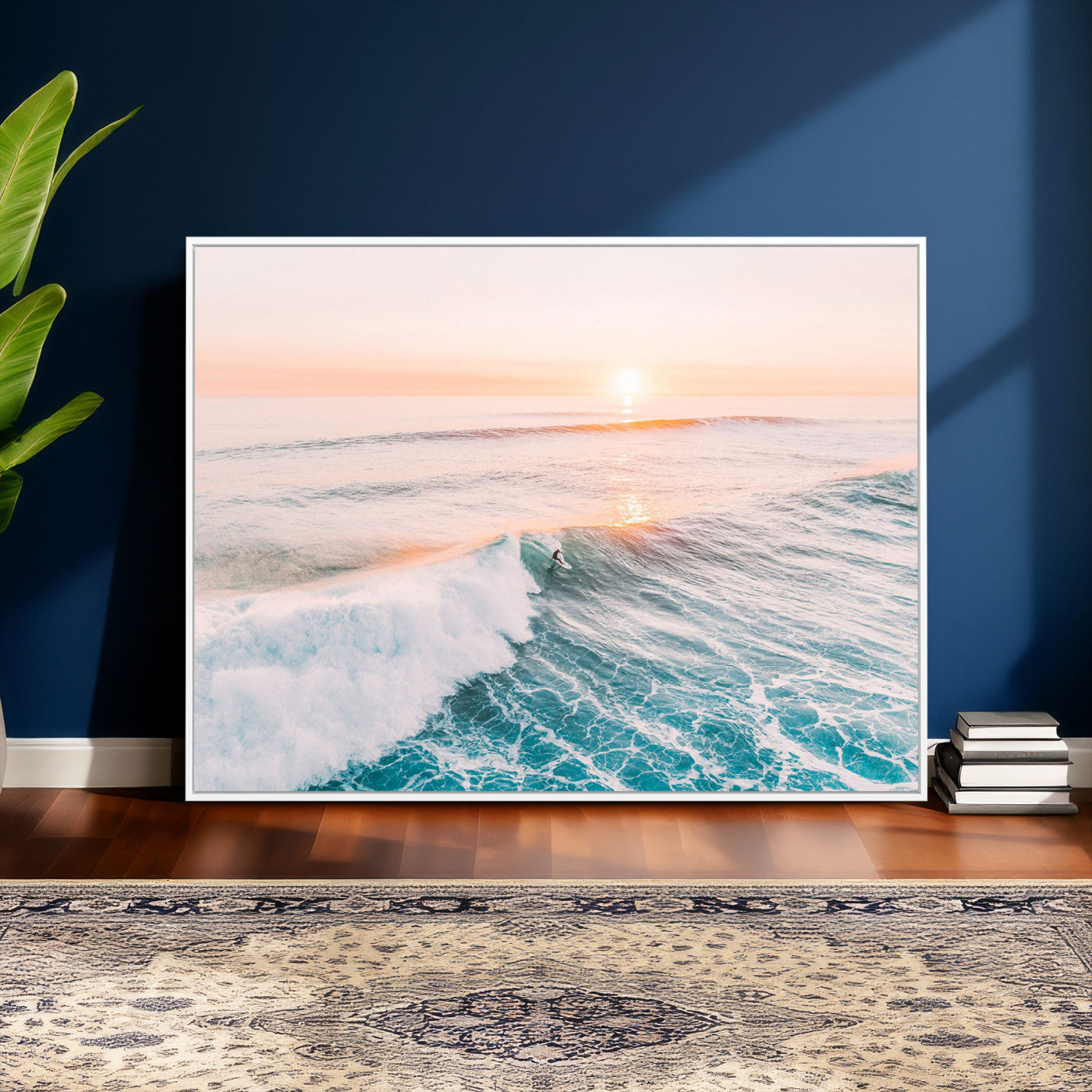 34064591-MGV-CV-36X24 - Sunset Surfing Wall Art Canvas Print, Ocean Wave Surfer with Golden Sky Artwork for Home, Office, Living Room