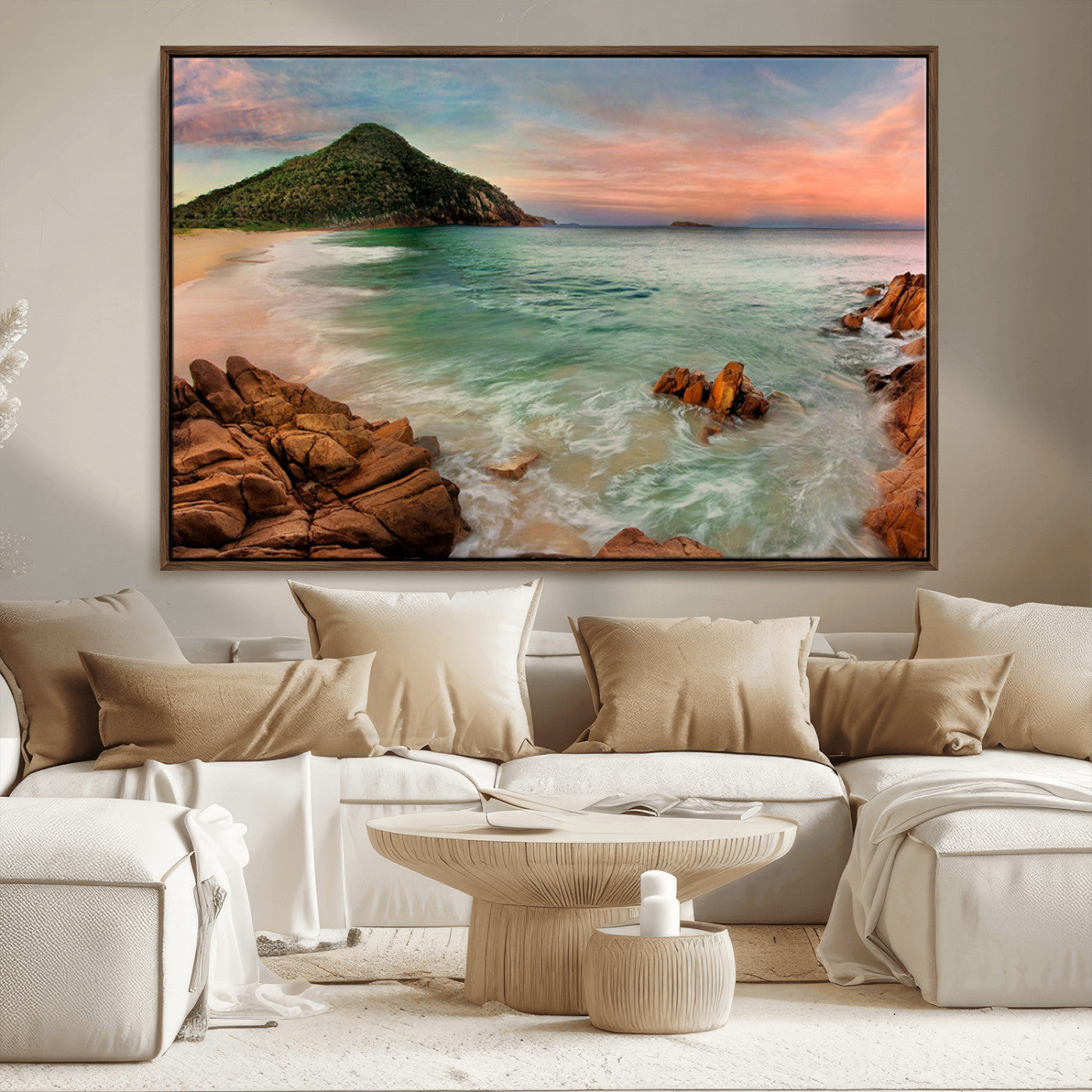 -Coastal Landscape Wall Art Canvas Print – Rocky Shore and Green Hills at Sunset Beautiful Ocean View Artwork for Home, Office