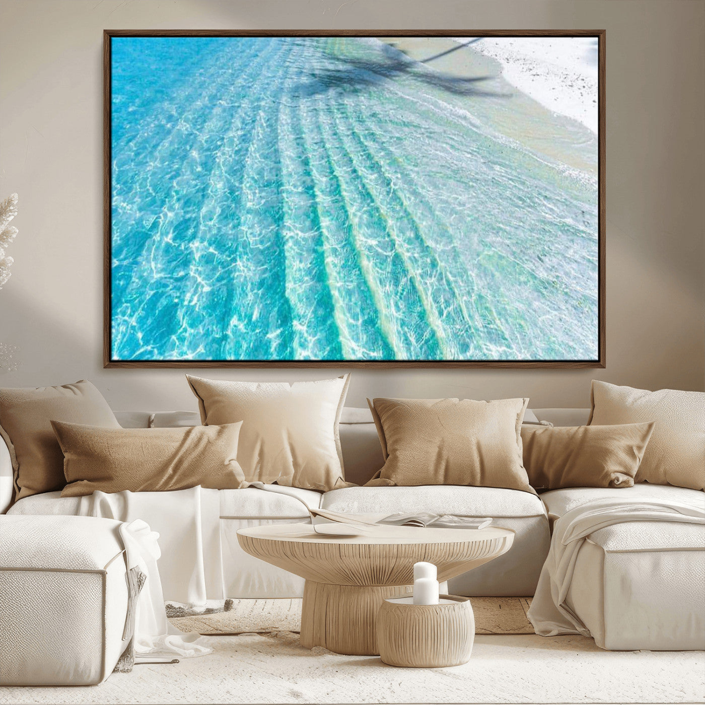 -Crystal Clear Ocean Wall Art Canvas Print – Sunlight Reflections and Palm Tree Shadow on Sandy Beach Artwork for Home, Office