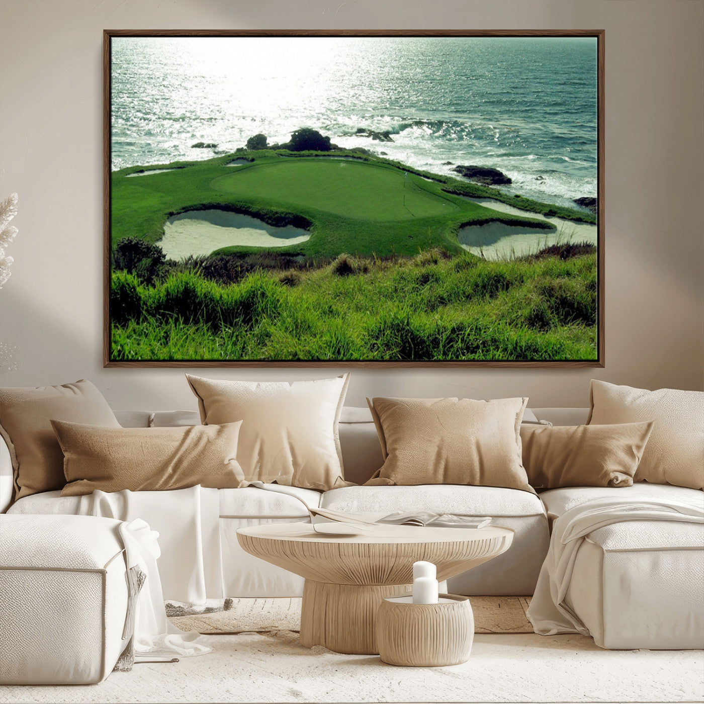 48473947-MGV-FC-36X24_Walnut-Coastal Golf Course Wall Art Canvas Print – Scenic Green Surrounded by Sand Bunkers and Ocean Waves Artwork for Home, Office