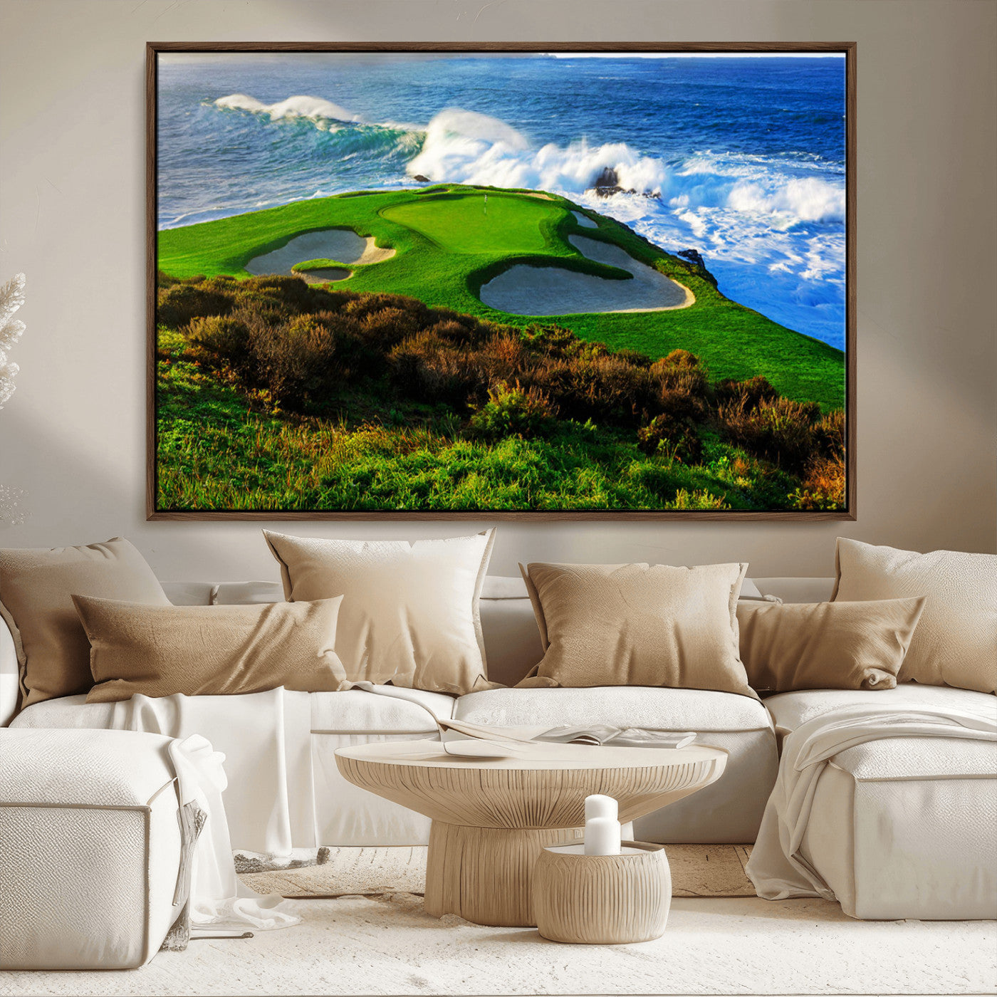 34181847-MGV-FC-36X24_Walnut-Coastal Golf Course Wall Art Canvas Print – Vibrant Green with Sand Bunkers Overlooking Ocean Waves Artwork for Home, Office