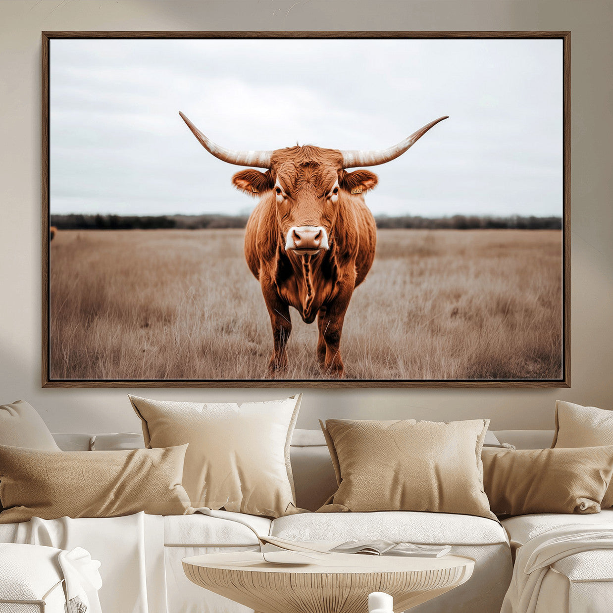 16316734-MGV-FC-36X24 - Longhorn bull, open field, rustic charm, natural beauty, Wall Art Canvas Print, countryside,