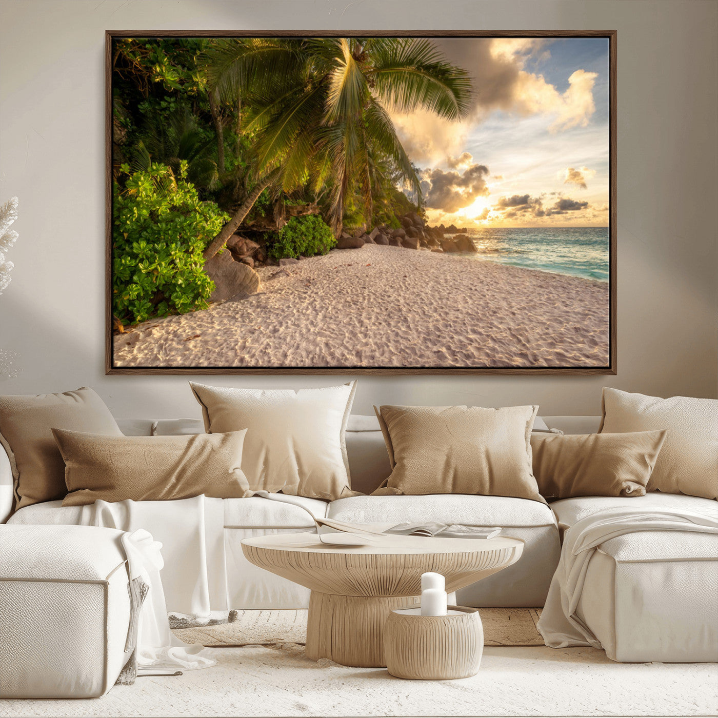 MGV-FC-36X24 - Tropical beach sunset, palm trees, white sand, ocean waves, golden sky, serene landscape, nature