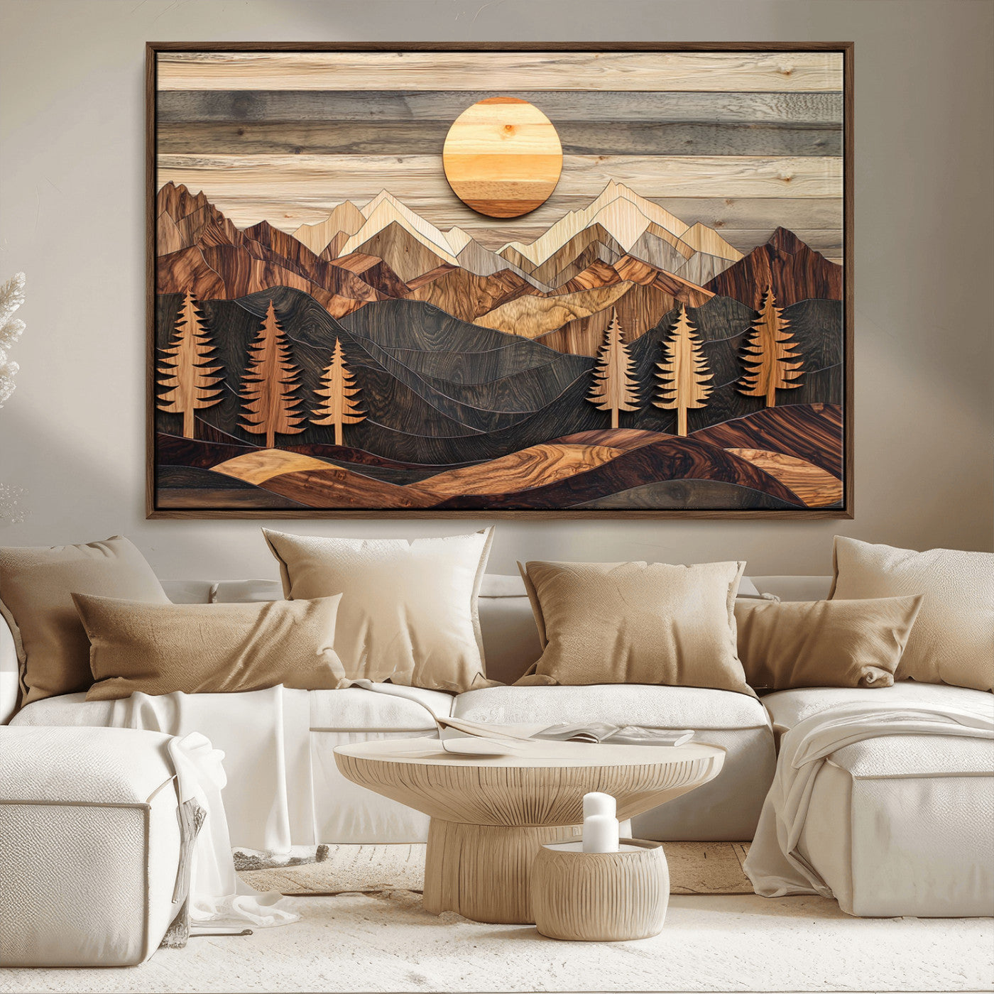 MGV-FC-36X24 - Wooden Mountain Layers Canvas Wall Art – Rustic Pine Tree Landscape with Sunlight Artistic Nature