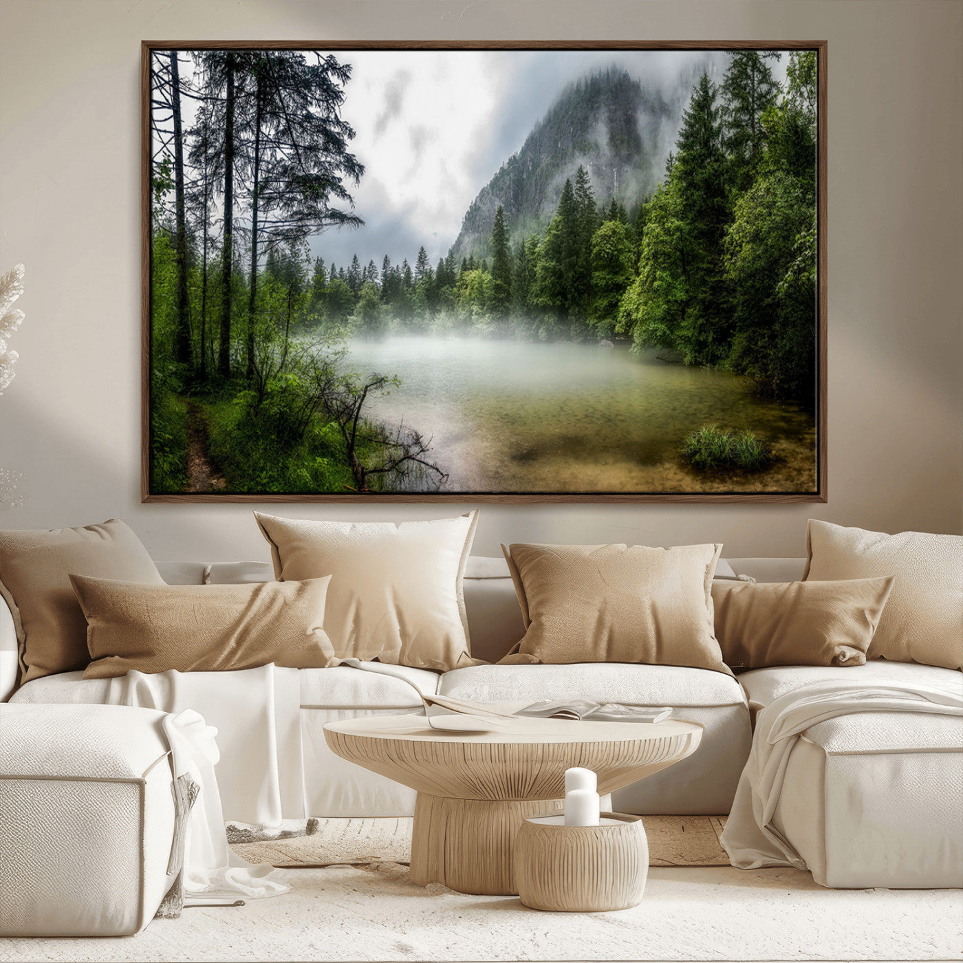93123937-MGV-FC-36X24_Walnut-Misty Lake Forest Green Trees Calm Water Reflection Mountain Fog Nature Landscape Outdoor Scenic