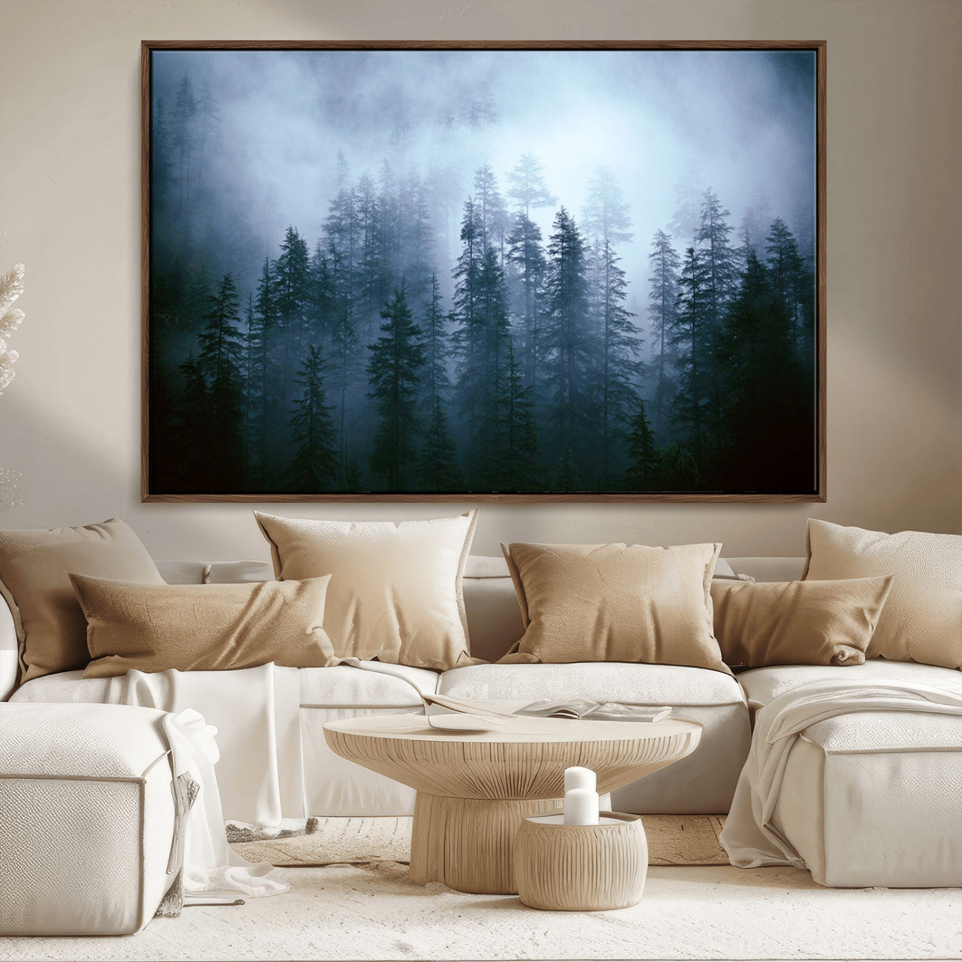 93439624-MGV-FC-36X24_Walnut-Foggy Evergreen Pines Mist Forest Blue Haze Moody Atmospheric Wilderness Nature Trees Scenic