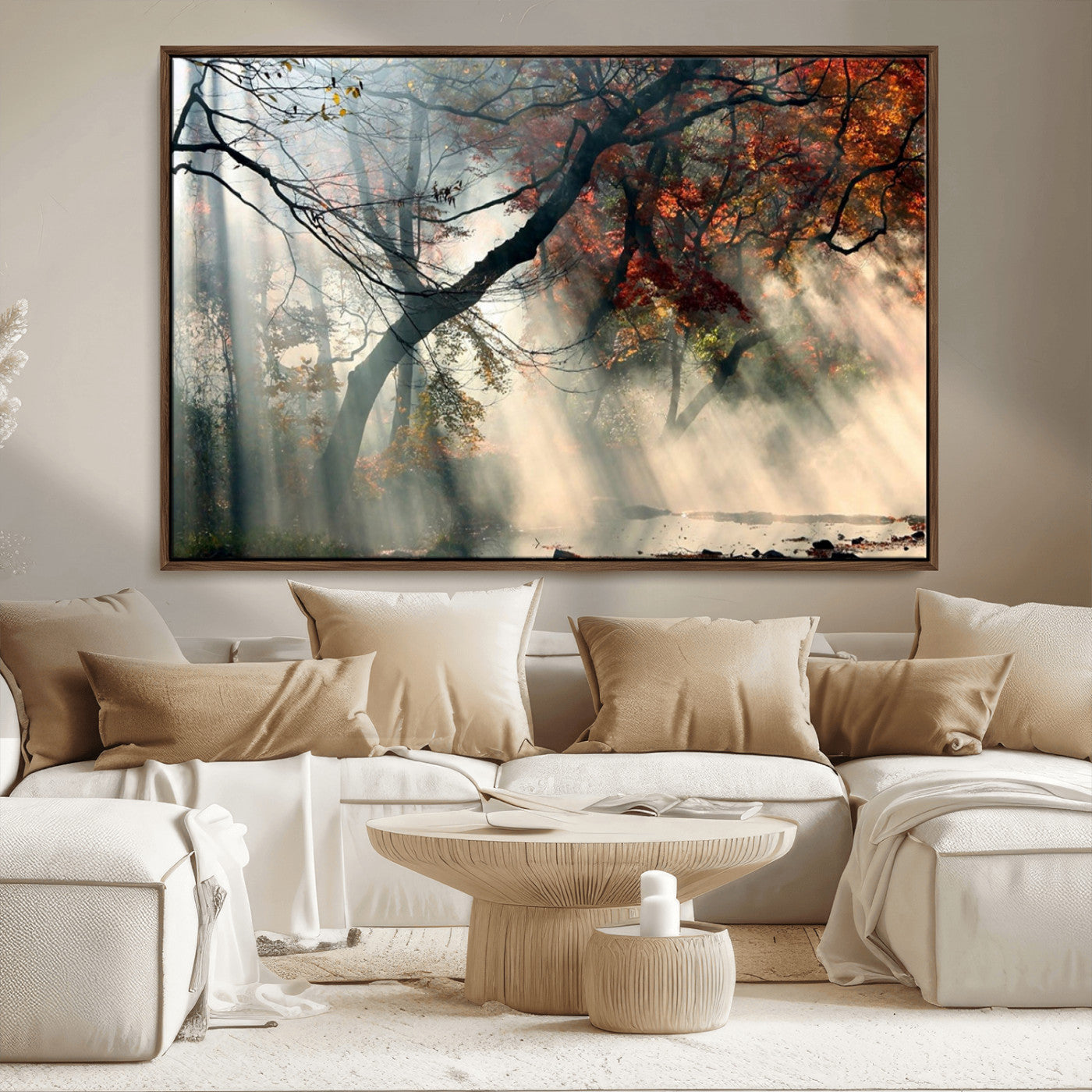 36043878-MGV-FC-36X24_Walnut-Sunlit Autumn Forest Wall Art Canvas Print – Framed Mist Trees Scene with Peaceful Rays Artwork for Home, Office
