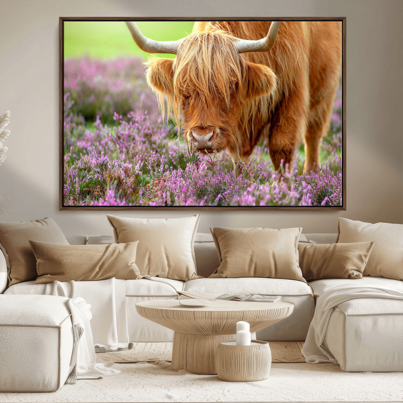 64069351-MGV-FC-36X24_Walnut-Highland Cow Wall Art Canvas Print – Framed Purple Flowers Scene with Grazing Animal Artwork for Home, Office