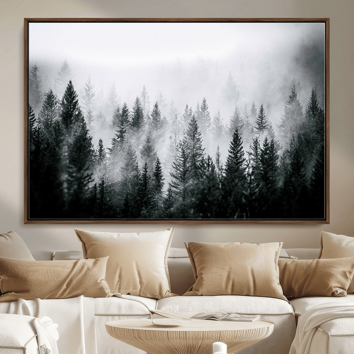MGV-FC-36X24 - Foggy Pine Forest Canvas Wall Art – Black and White Nature Landscape Print, Horizontal Canvas for