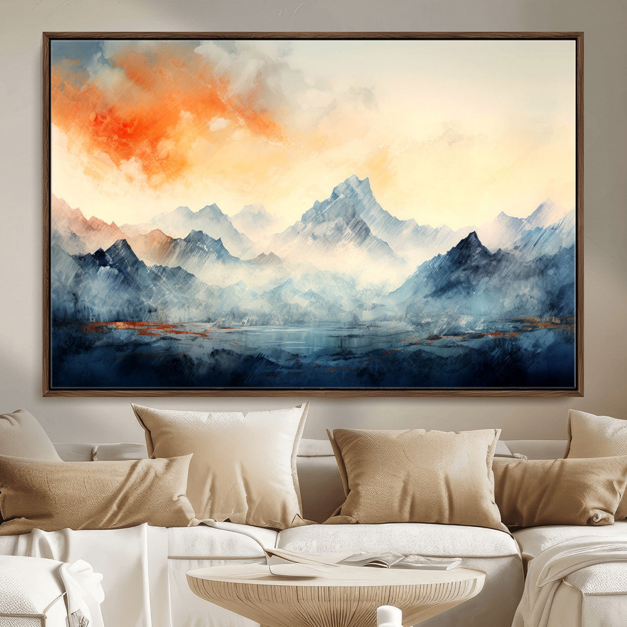 WRM1005-MGV-FC-36X24 - Warm Clouds Abstract Mountain Wall Art, Modern Landscape Canvas Print, Minimal Framed Artwork for Home, Office