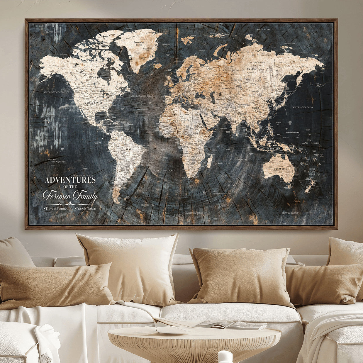 58265369-MGV-FC-36X24 - Customized Push Pin World Map Wall Art Canvas Print with Pins, Personalized Travel Tracker Map, Framed World Map for Living Room, Office and Home Decor