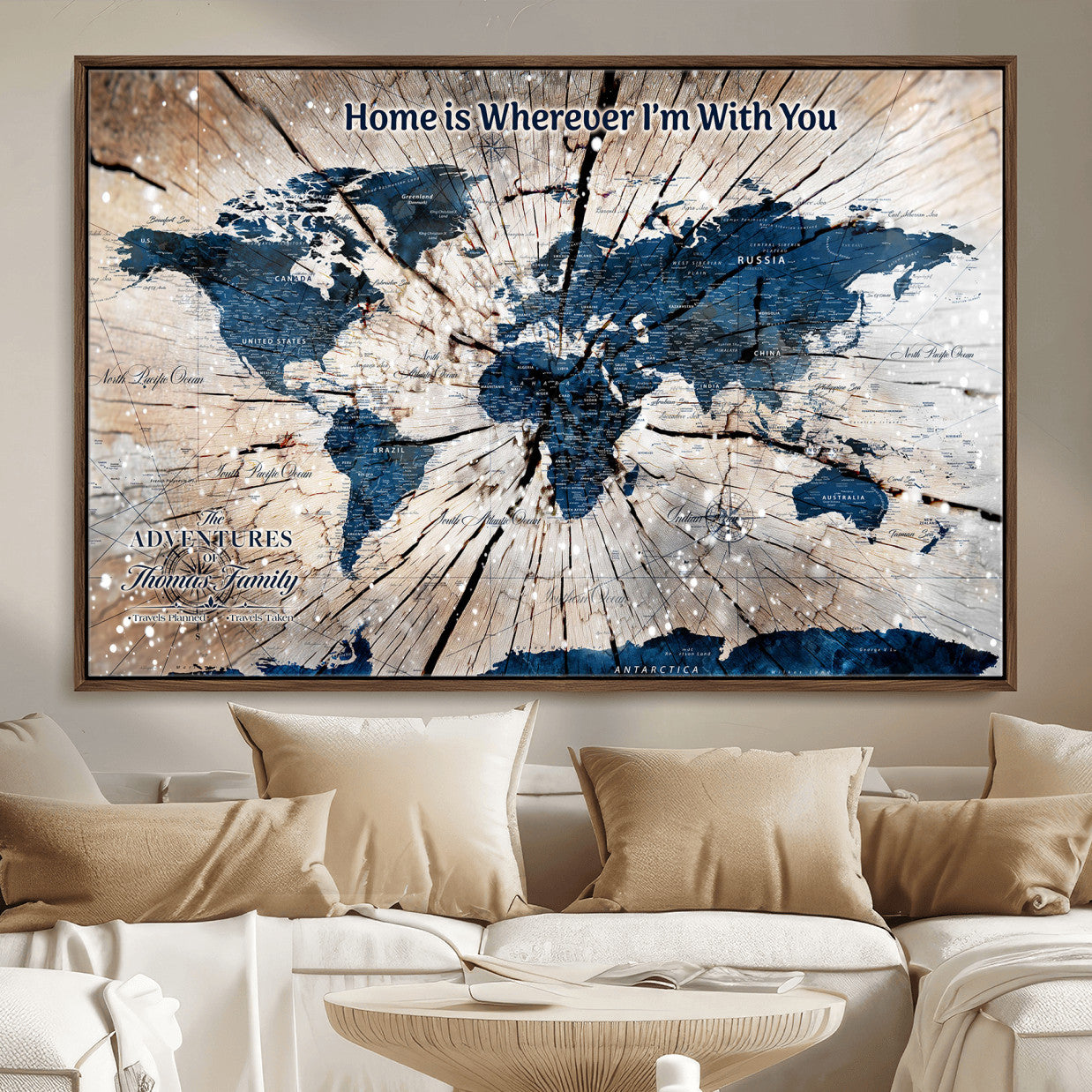 35694194-MGV-FC-36X24 - Personalized World Map Wall Art Canvas Print – Custom Push Pin Travel Map for Couples, Families, or Office Decor