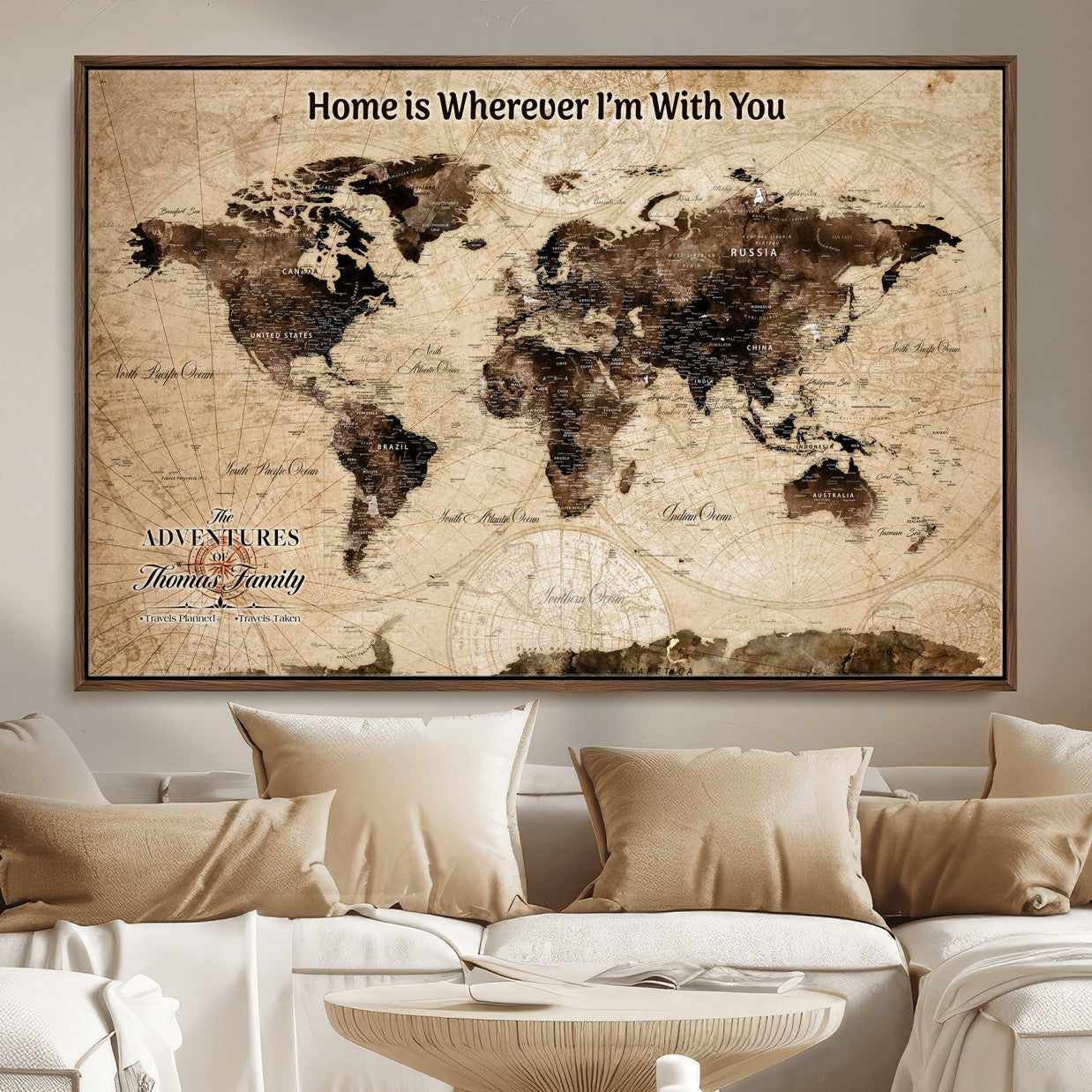 31398786-MGV-FC-36X24 - Personalized World Map Wall Art – Custom Framed Push Pin Travel Tracker Canvas Print Unique Gift for Home, Office