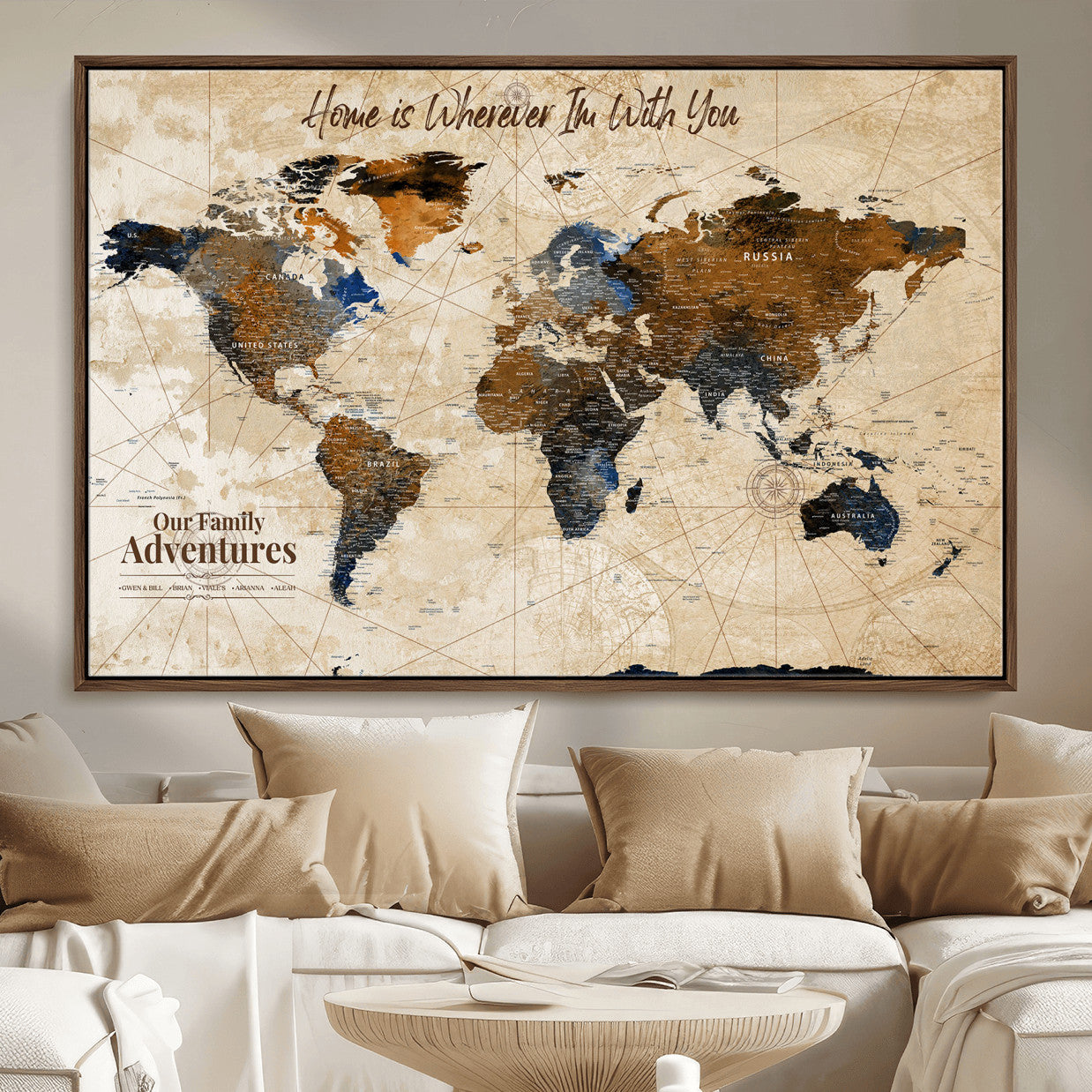 37709027-MGV-FC-36X24 - Customized Push Pin World Map Wall Art Canvas Print with Pins, Vintage Personalized Travel Tracker Map, Framed World Map for Living Room, Office and Home Decor