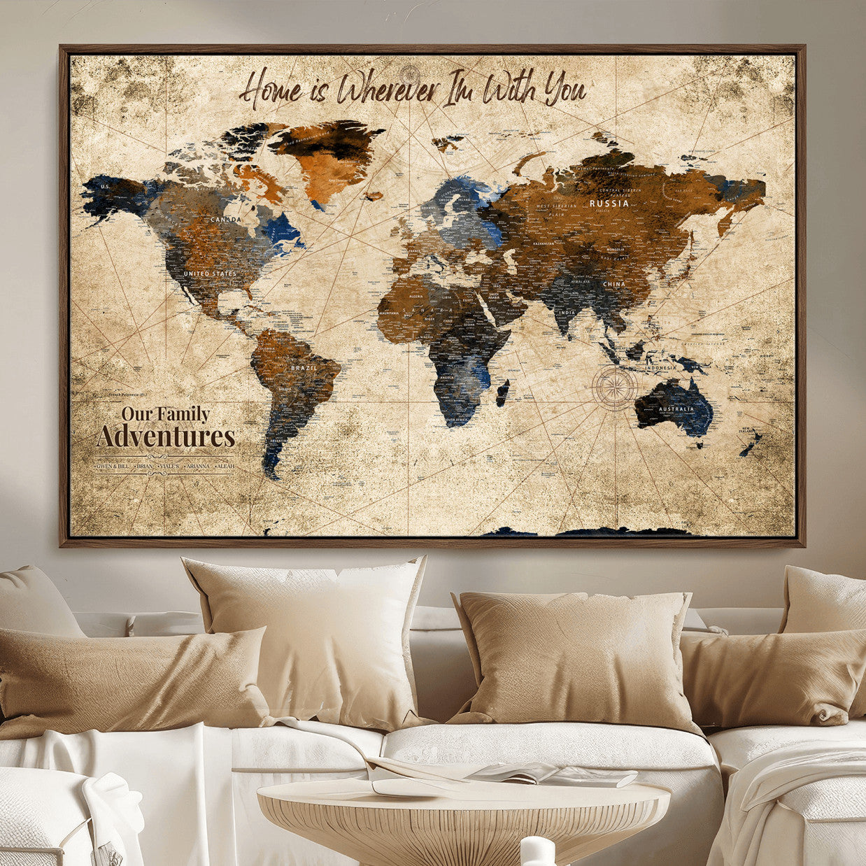 23631534-MGV-FC-36X24 - Customized Push Pin World Map Wall Art Canvas Print with Pins, Personalized Travel Tracker Map, Framed World Map for Living Room, Office and Home Decor