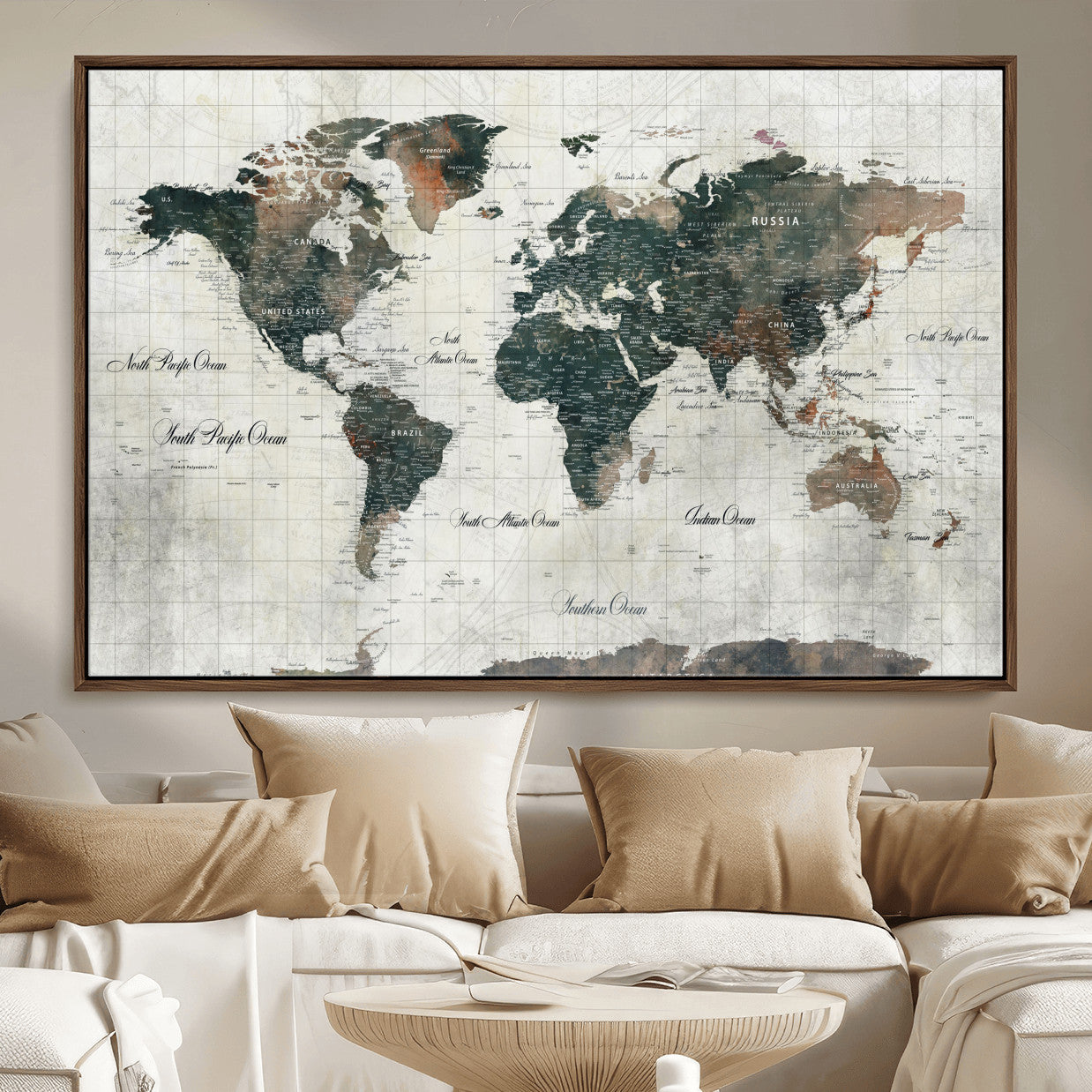 90149079-MGV-FC-36X24 - World Map Wall Art Canvas Print, Modern Decorative Framed Map Artwork Prints for Living Room, Office, Bedroom Wall Decor