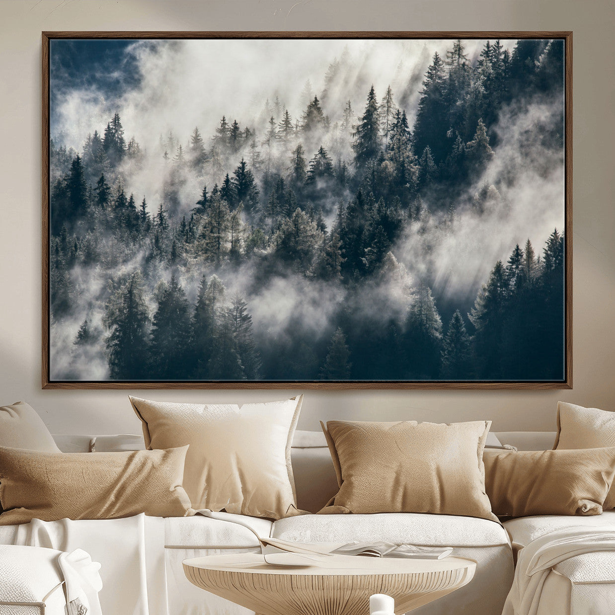 270372951-MGV-FC-36X24 - Misty Pine Forest Canvas Wall Art – Dark Forest Mountaing and Nature Landscape Print, Horizontal Canvas Print