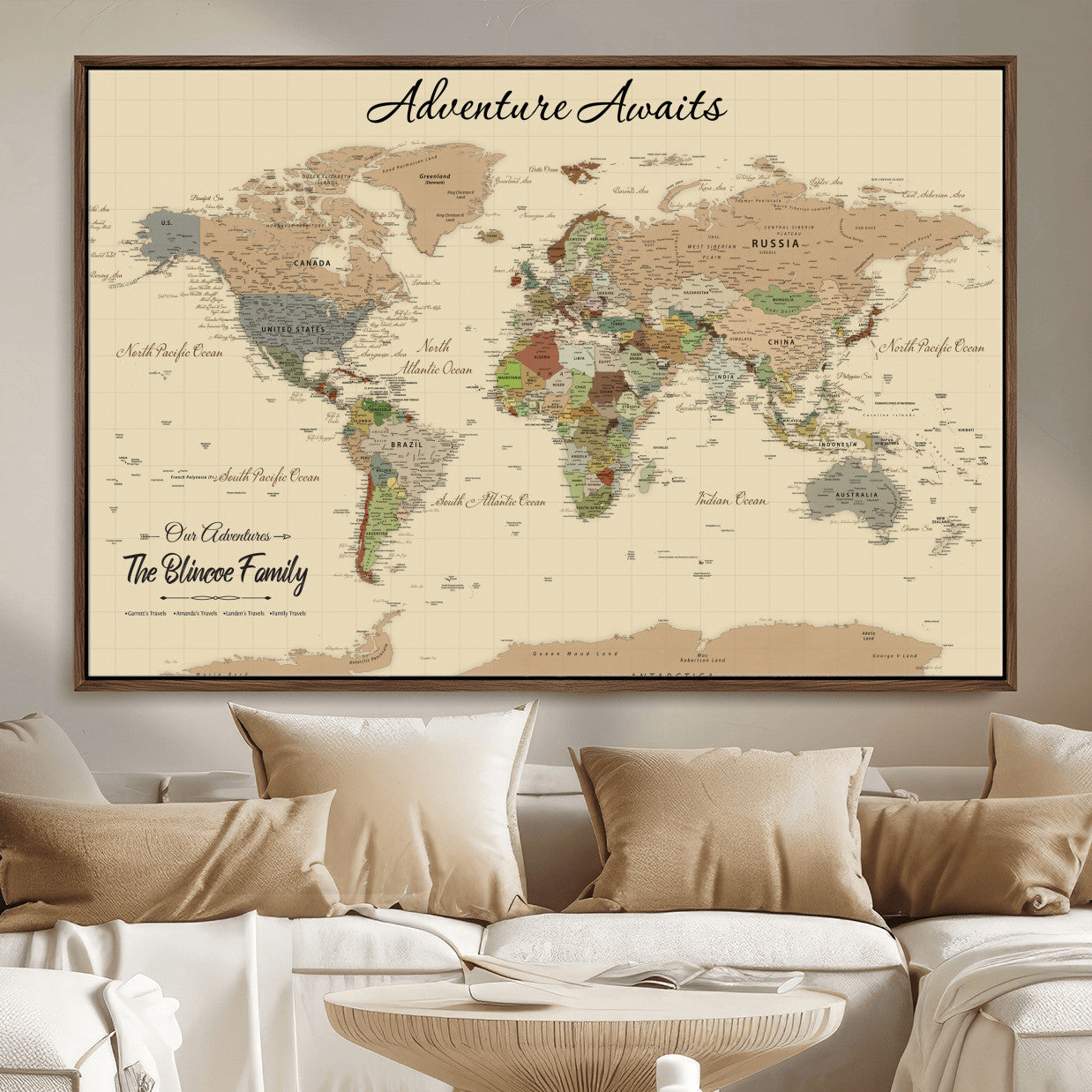 63407426-MGV-FC-36X24 - Customized Push Pin World Map Wall Art Canvas Print with Pins, Framed Personalize Travel Tracker Map, World Map for Living Room and Office Decor