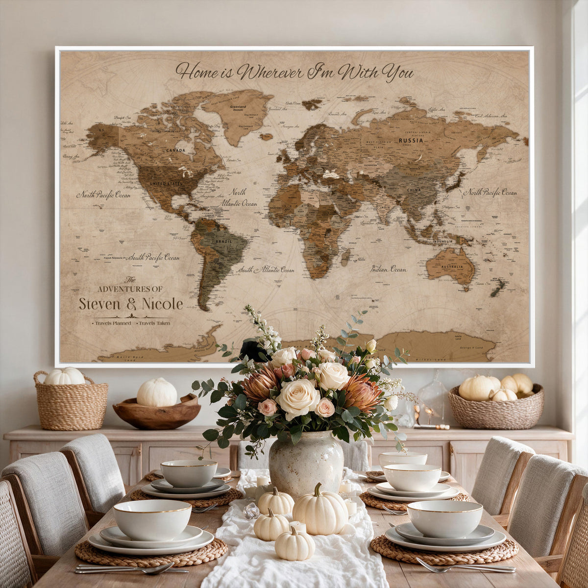 67360040-MGV-CV-36X24 - Personalized Framed Navy Geometric World Map Canvas with Push Pins, Couples Countries Visited Map, Living Room and Hallway Decor
