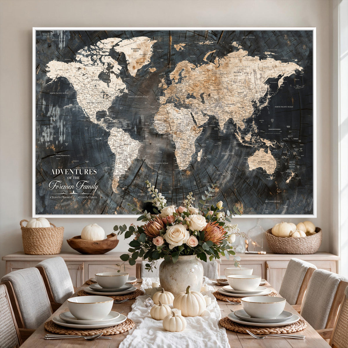 77865338-MGV-CV-36X24 - Personalized Framed Beige Push Pin World Map Canvas Print, Bucket List Map, Living Room and Hallway Decor