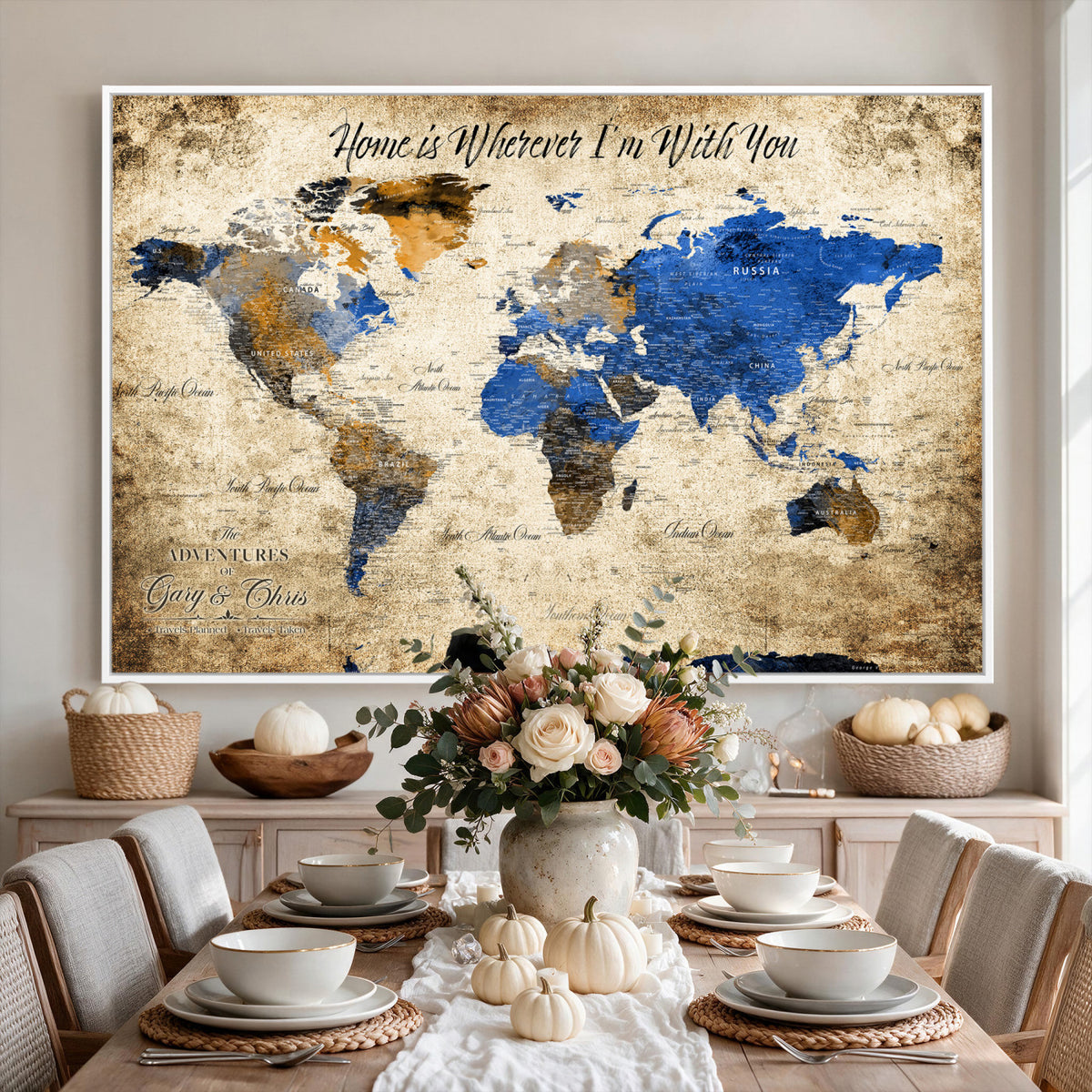 13332533-MGV-CV-36X24 - Personalized Framed Beige World Map Canvas with Push Pins, Honeymoon and Anniversary Gift, Living Room and Home Office Decor