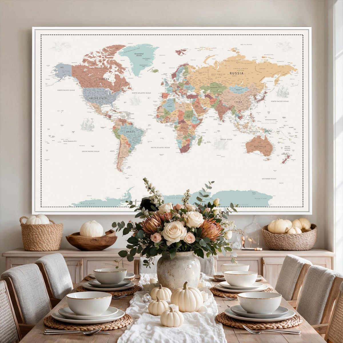63447567-MGV-CV-36X24 - Pastel Colors World Map Wall Art Canvas Print