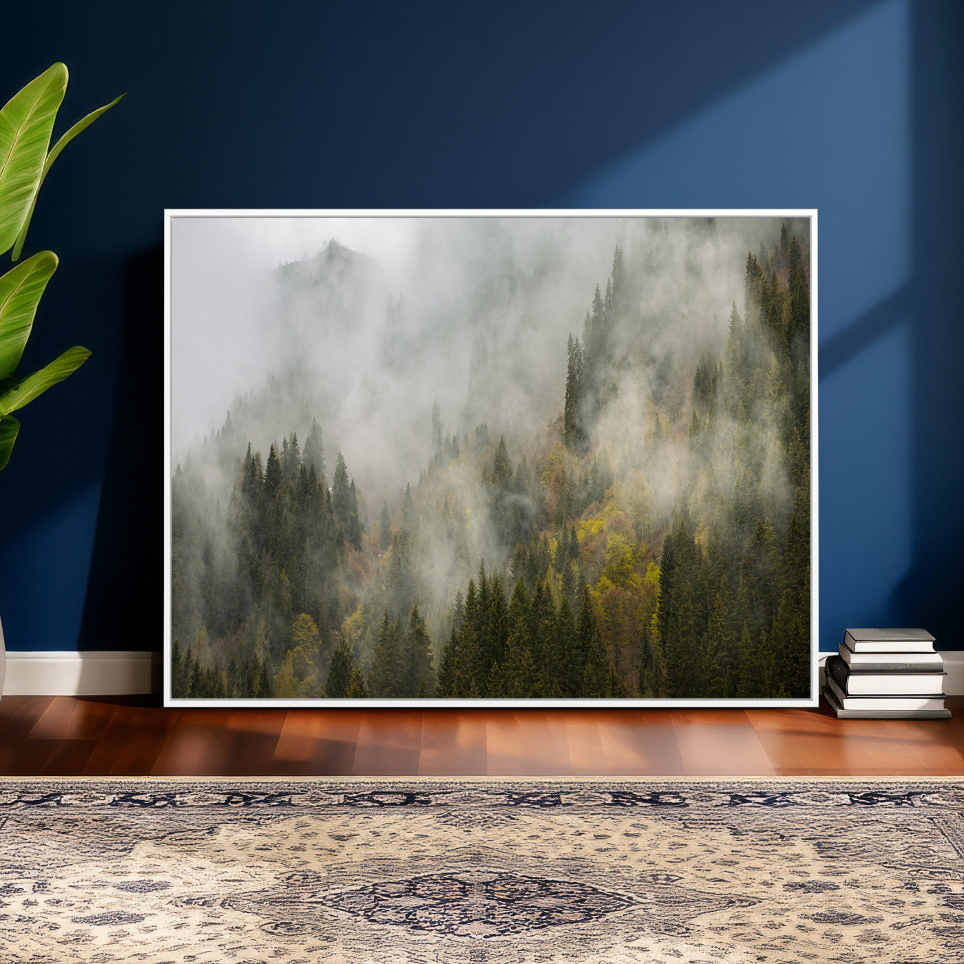 31152954-MGV-CV-36X24 - Misty Mountain Forest Canvas Print, Foggy Pine Trees Nature Wall Art, Framed Canvas Ready to Hang