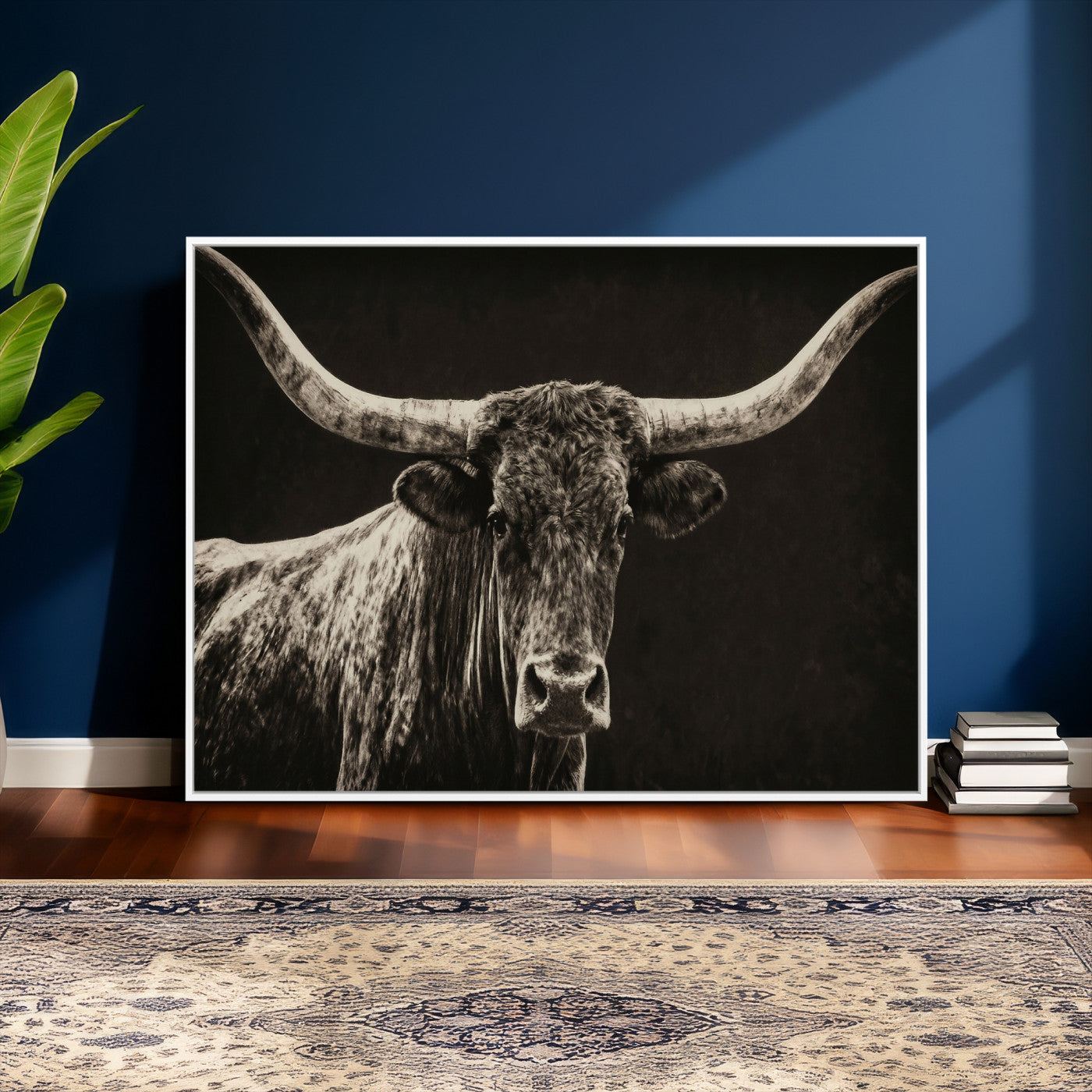 74513721-MGV-CV-36X24 - Vintage Texas Longhorn Bull Wall Art Canvas Print, Cow Portrait Photography Print, Framed Wall Art Ready to Hang