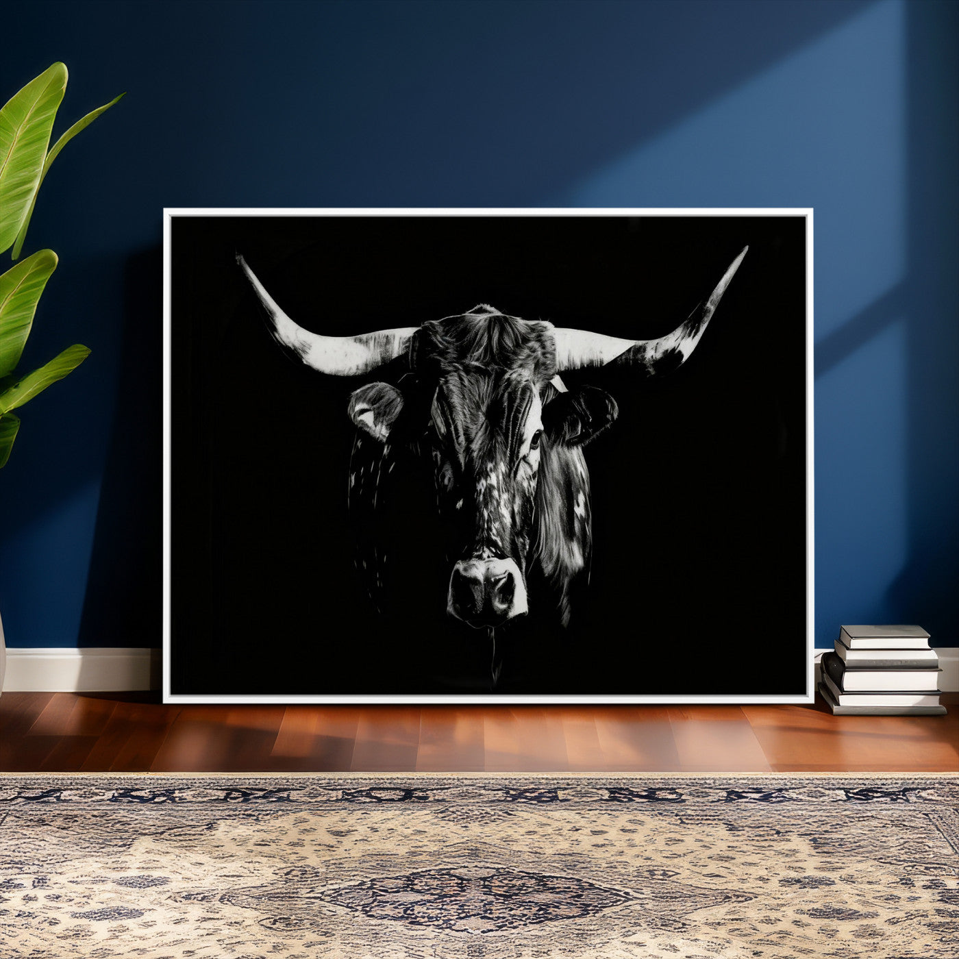 21436434-MGV-CV-36X24 - Black Bull Wall Art Canvas Print, Dark Longhorn Portrait Photography, Framed Wall Art Ready to Hang