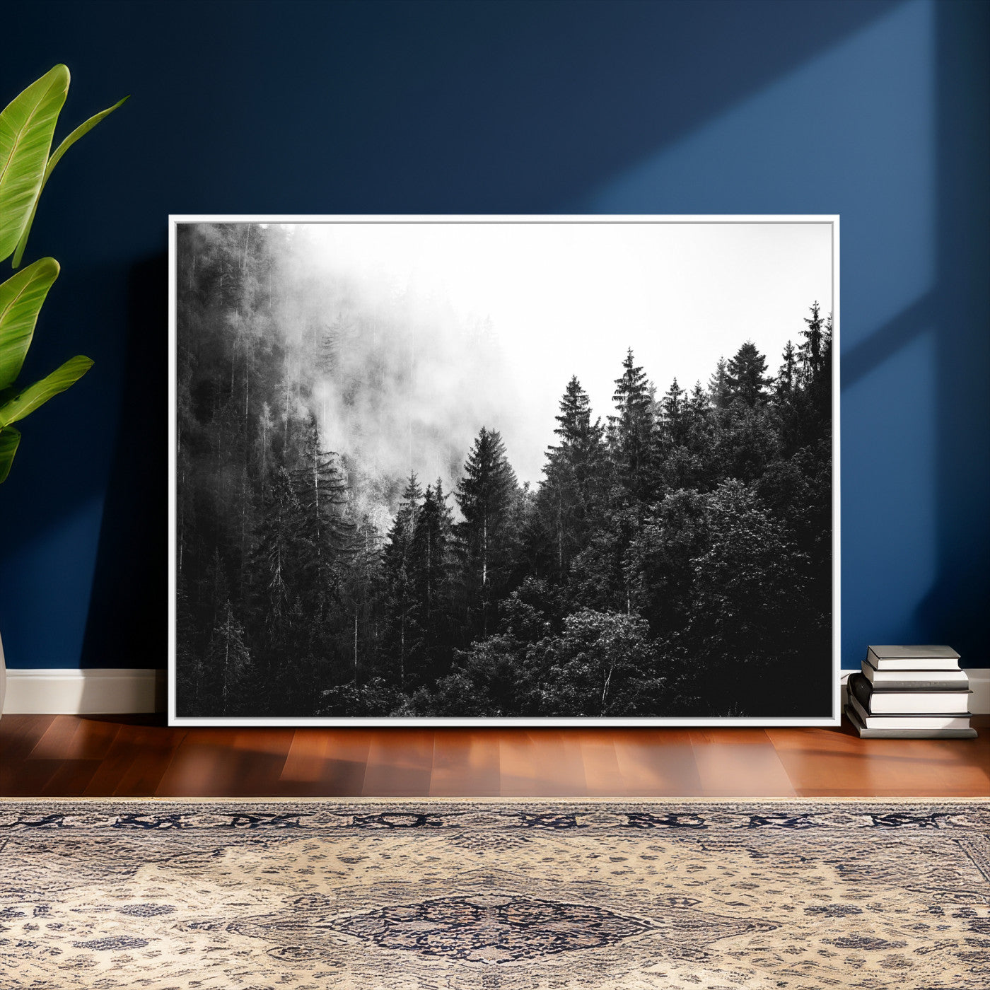 98764151-MGV-CV-36X24 - Black and White Forest Wall Art Canvas Print, Misty Pine Tree Landscape Photography, Framed Wall Art Ready to Hang