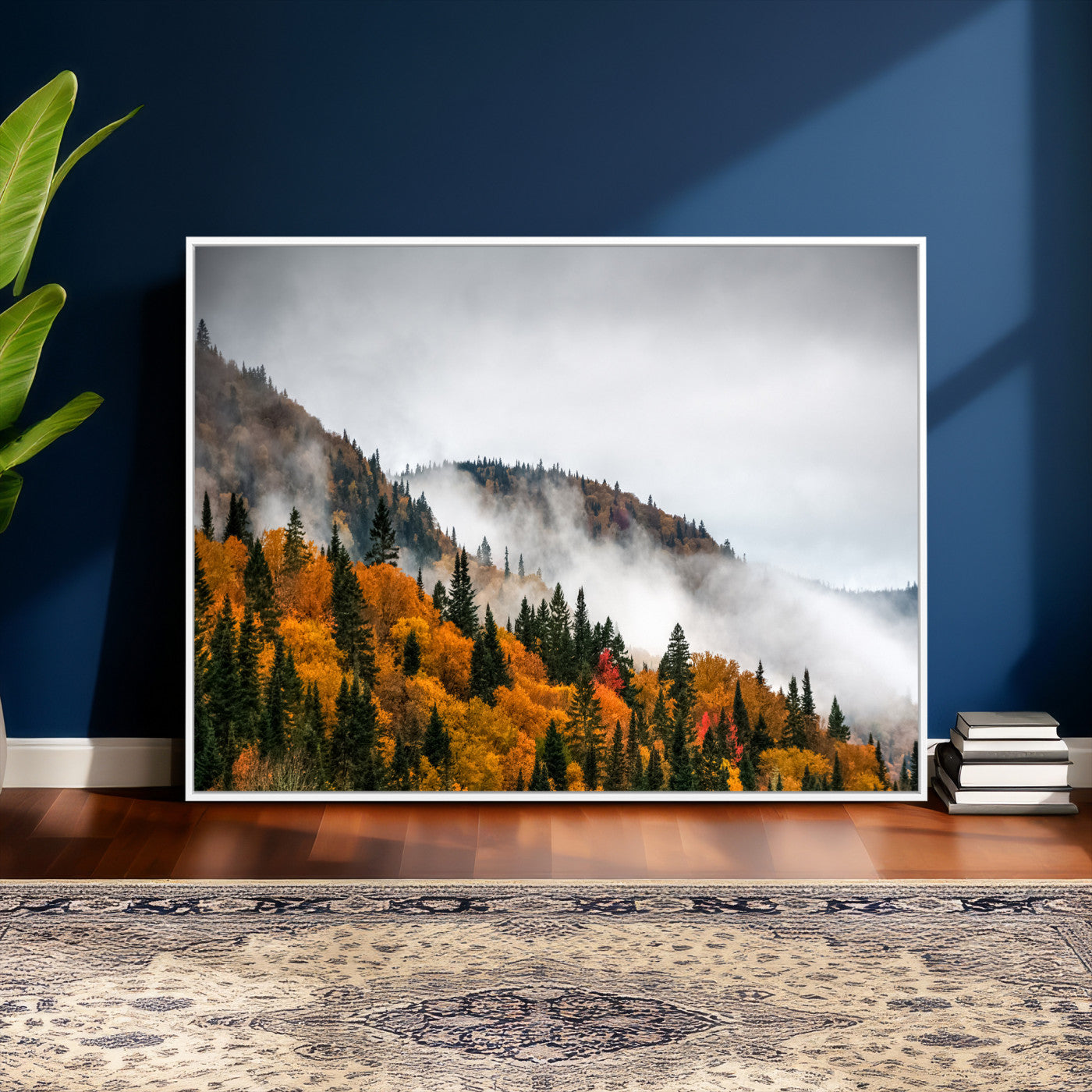 93581632-MGV-CV-36X24 - Autumn Forest Wall Art Canvas Print, Foggy Mountain Landscape Nature Photography, Framed Wall Art Ready to Hang