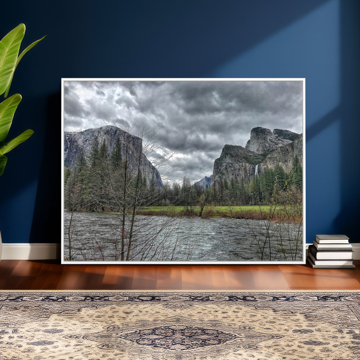 75582552-MGV-CV-36X24 - Yosemite Valley River Landscape Wall Art Canvas Print, Granite Cliffs Forest River Canvas Print, California National Park Moody Scenic Art Printi