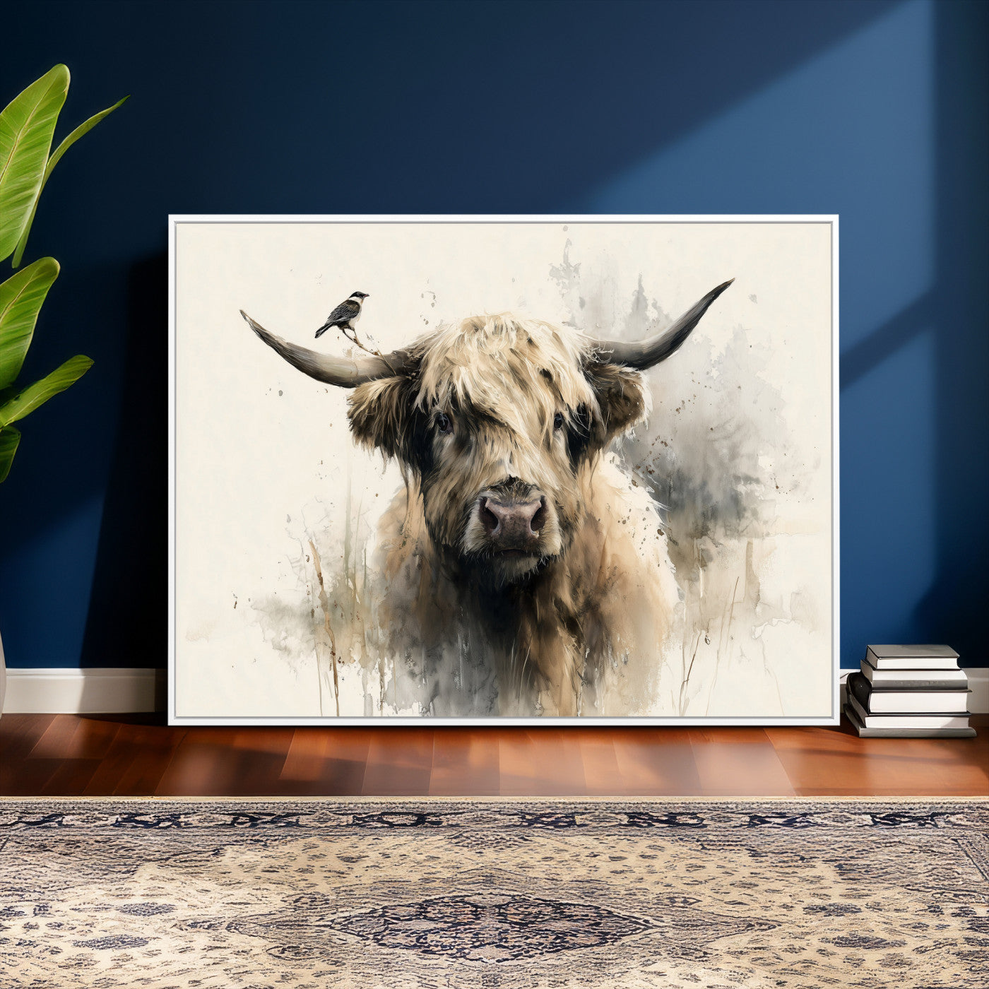 98249290-MGV-CV-36X24 - Abstract Highland Cow Watercolor Animal Wall Art Canvas Print, Rustic Farm Cattle Portrait Canvas Print, Neutral Wildlife Farmhouse Art Printing