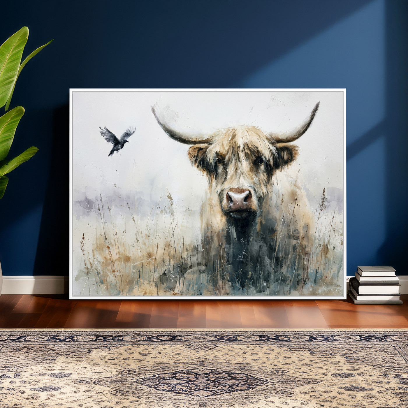 55652651-MGV-CV-36X24 - Abstract Highland Cow Watercolor Animal Wall Art Canvas Print, Rustic Farm Cattle Portrait Canvas Print, Neutral Wildlife Farmhouse Art Printing