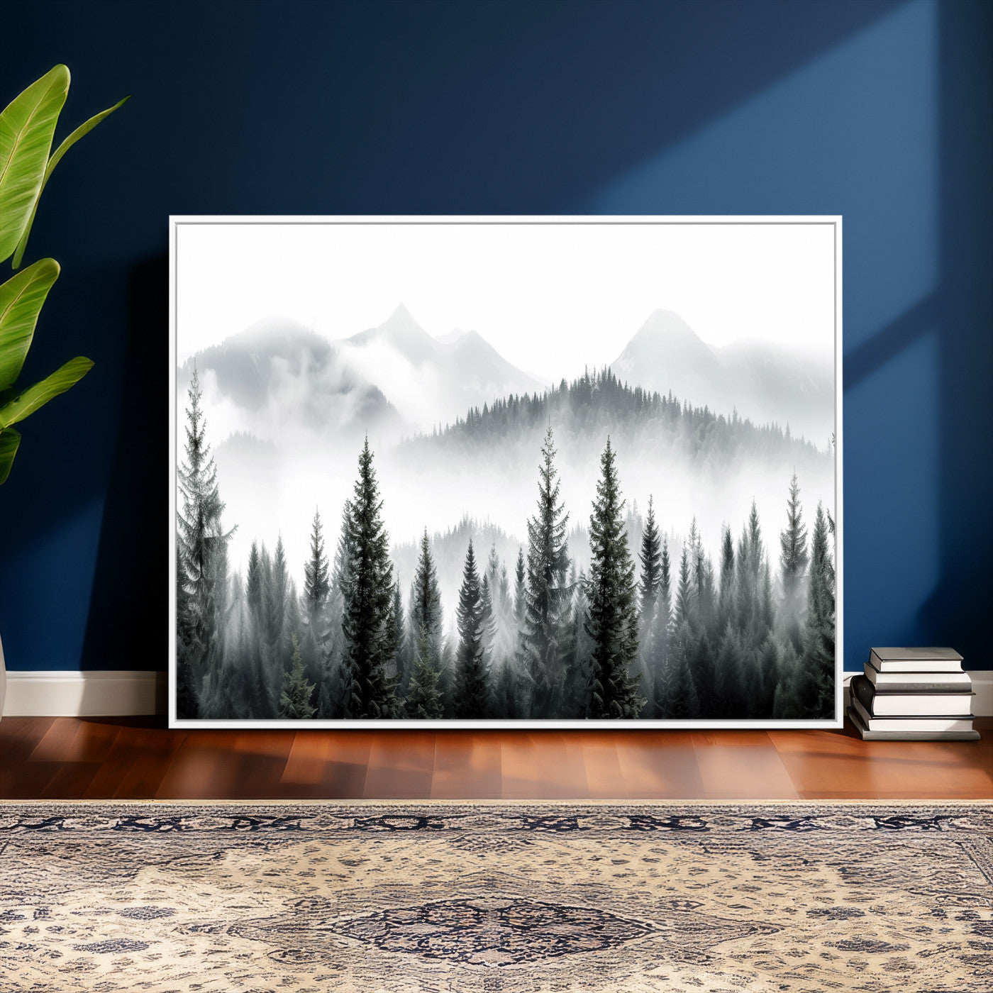 38819032-MGV-CV-36X24 - Misty Pine Forest Mountain Landscape Wall Art Canvas Print, Foggy Evergreen Trees Minimal Nature Canvas Print, Monochrome Wilderness Scenic Art Printing
