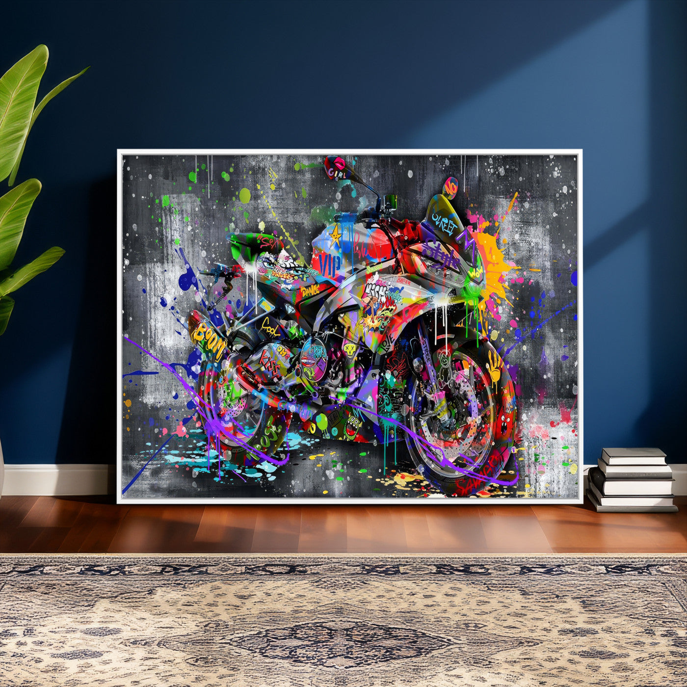 83021767-MGV-CV-36X24 - Graffiti Motorcycle Wall Art Canvas Print, Urban Street Art Motorbike Decor, Colorful Graffiti Sports Bike Artwork