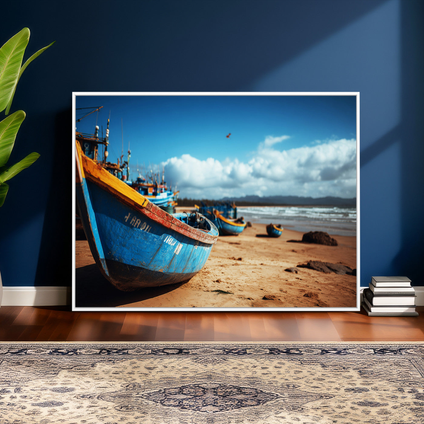 70925201-MGV-CV-36X24 - Fishing Boats Wall Art Canvas Print, Coastal Boat Beach Scene, Nautical Seaside Artwork, Ocean Shore Decor, Coastal Home Wall Art